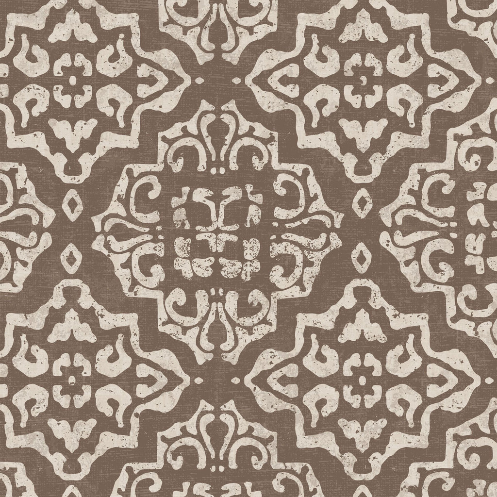 Ornate mocha and cream damask wallpaper with vintage geometric pattern.