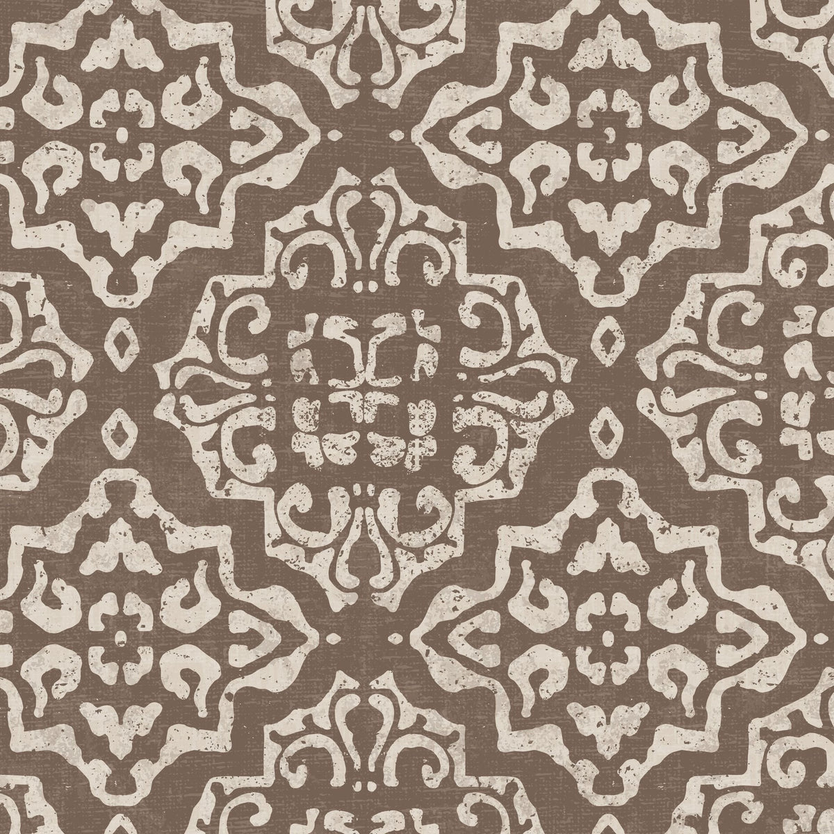 Ornate mocha and cream damask wallpaper with vintage geometric pattern.