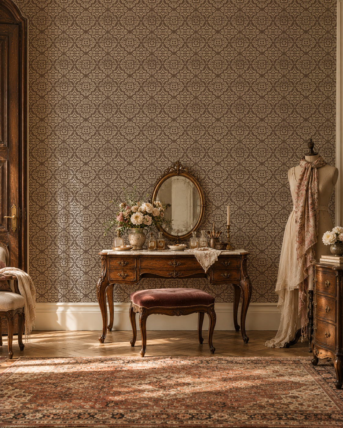 Ornate mocha damask wallpaper in elegant vintage room with antique furniture.
