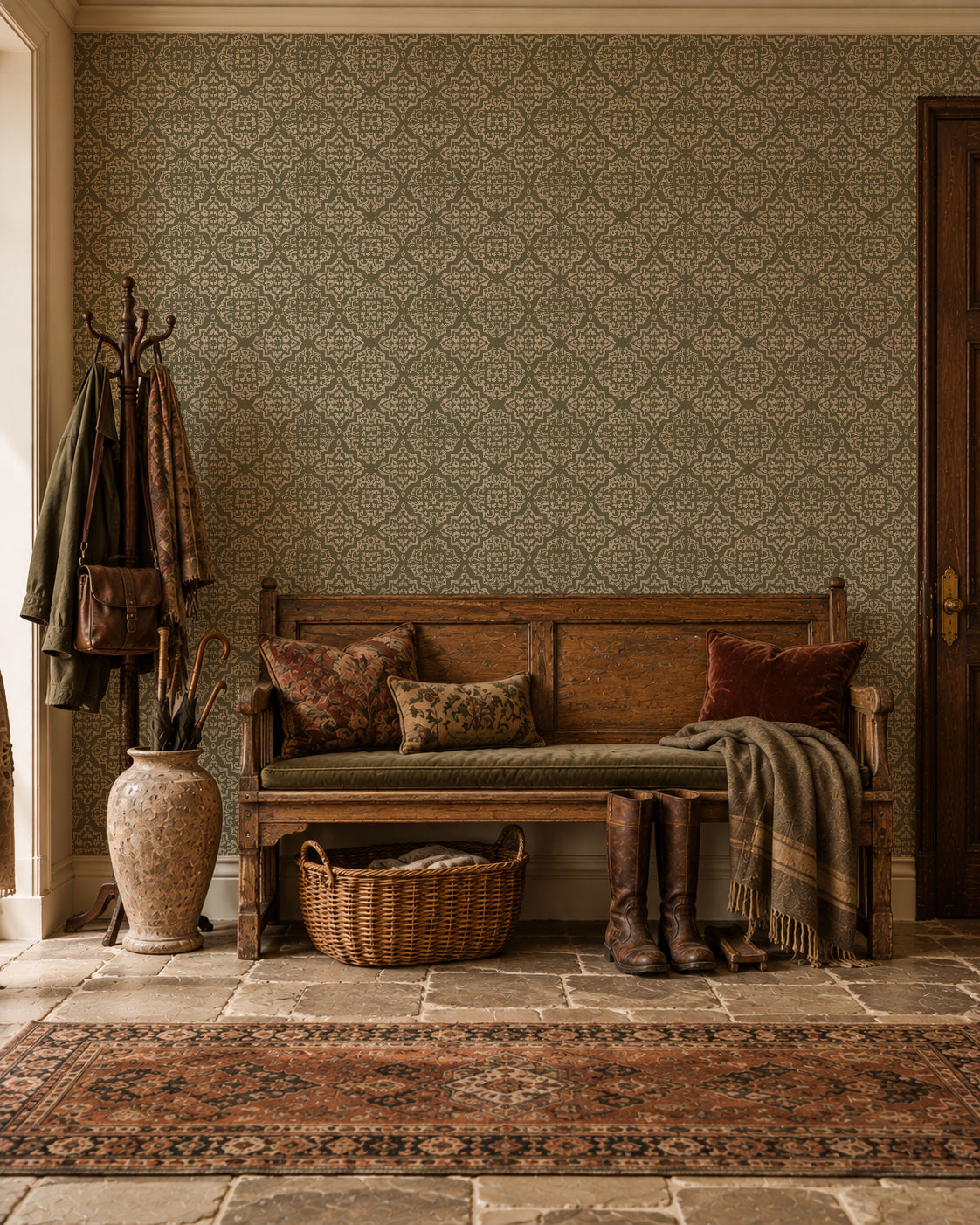 Ornate moss damask wallpaper in rustic entryway with wooden bench and decor.