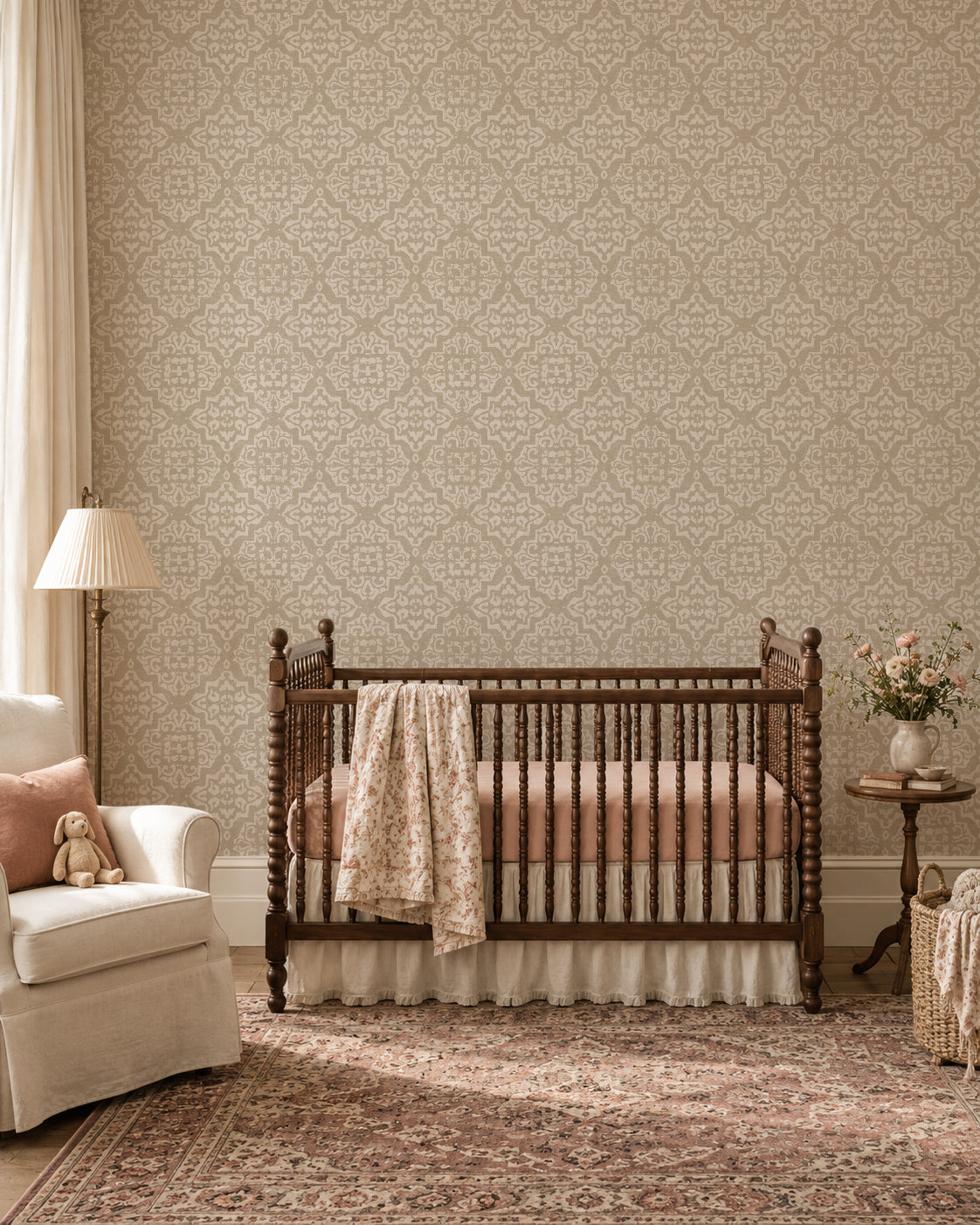 Ornate taupe and cream damask wallpaper in a vintage nursery setting.