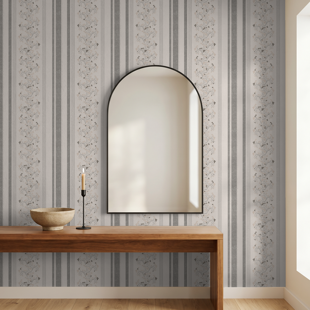 Pink slate floral stripe wallpaper in elegant room with mirror and table.