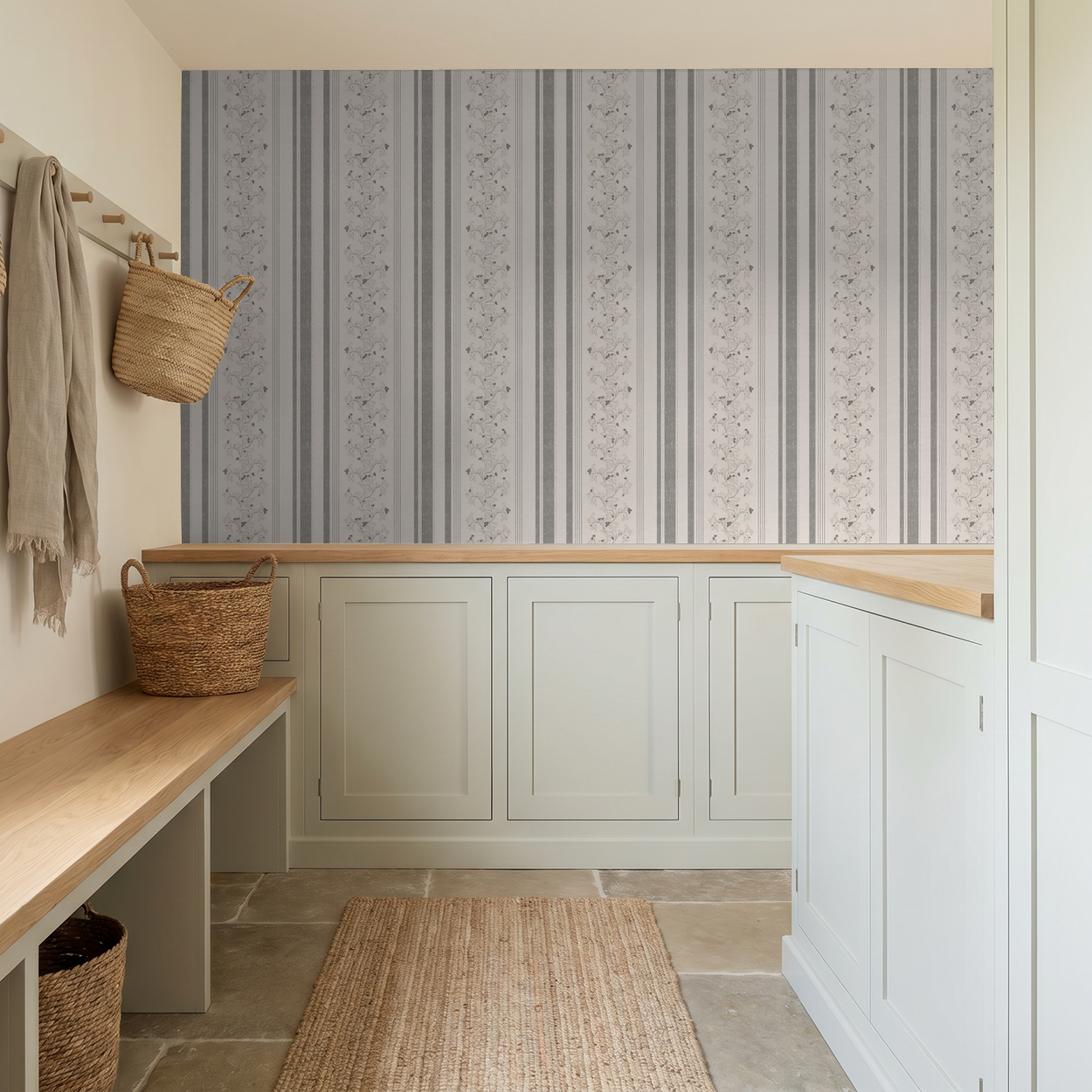 Pink slate floral stripe wallpaper in modern room with beige cabinets.