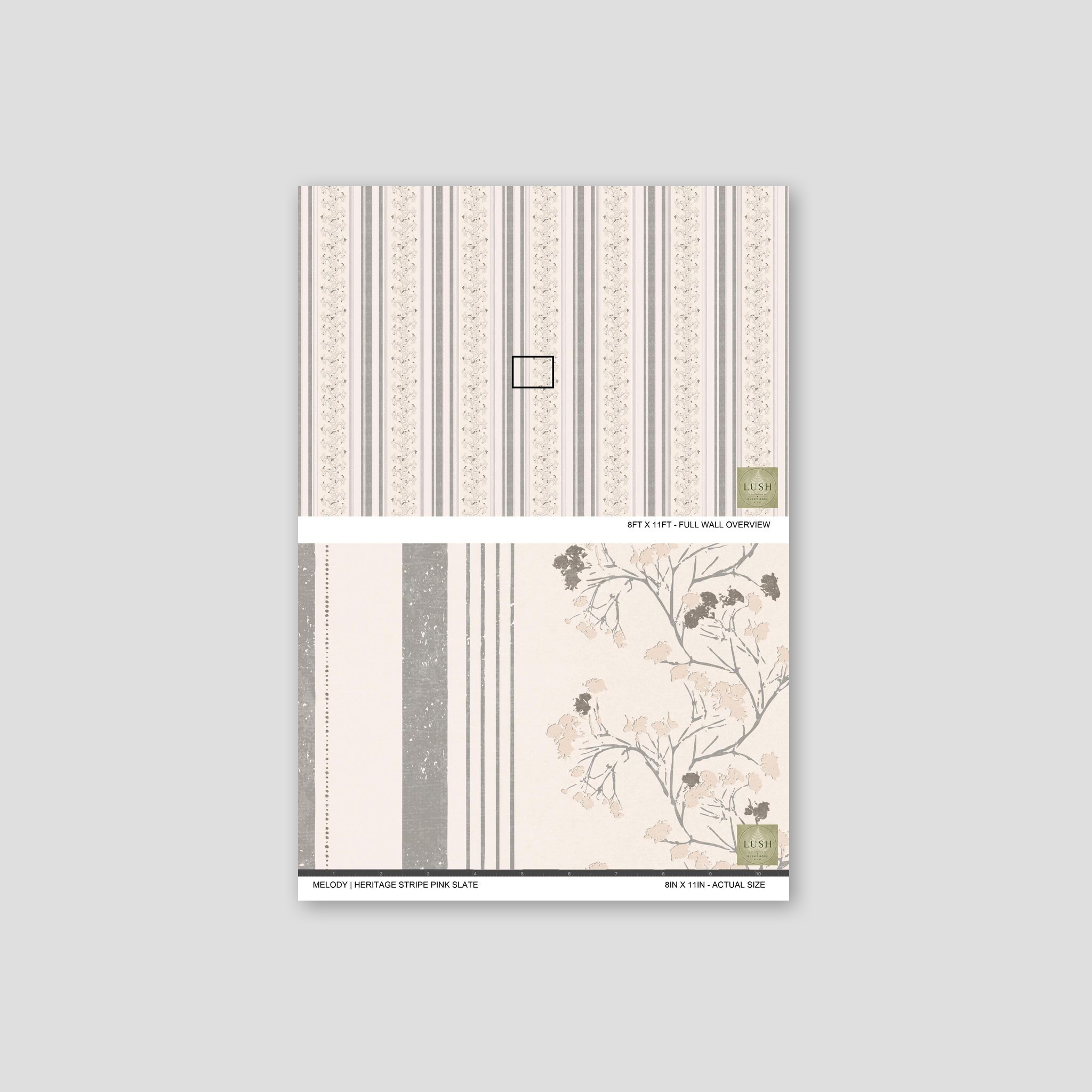 Pink and slate floral stripe wallpaper sample with vintage pattern.