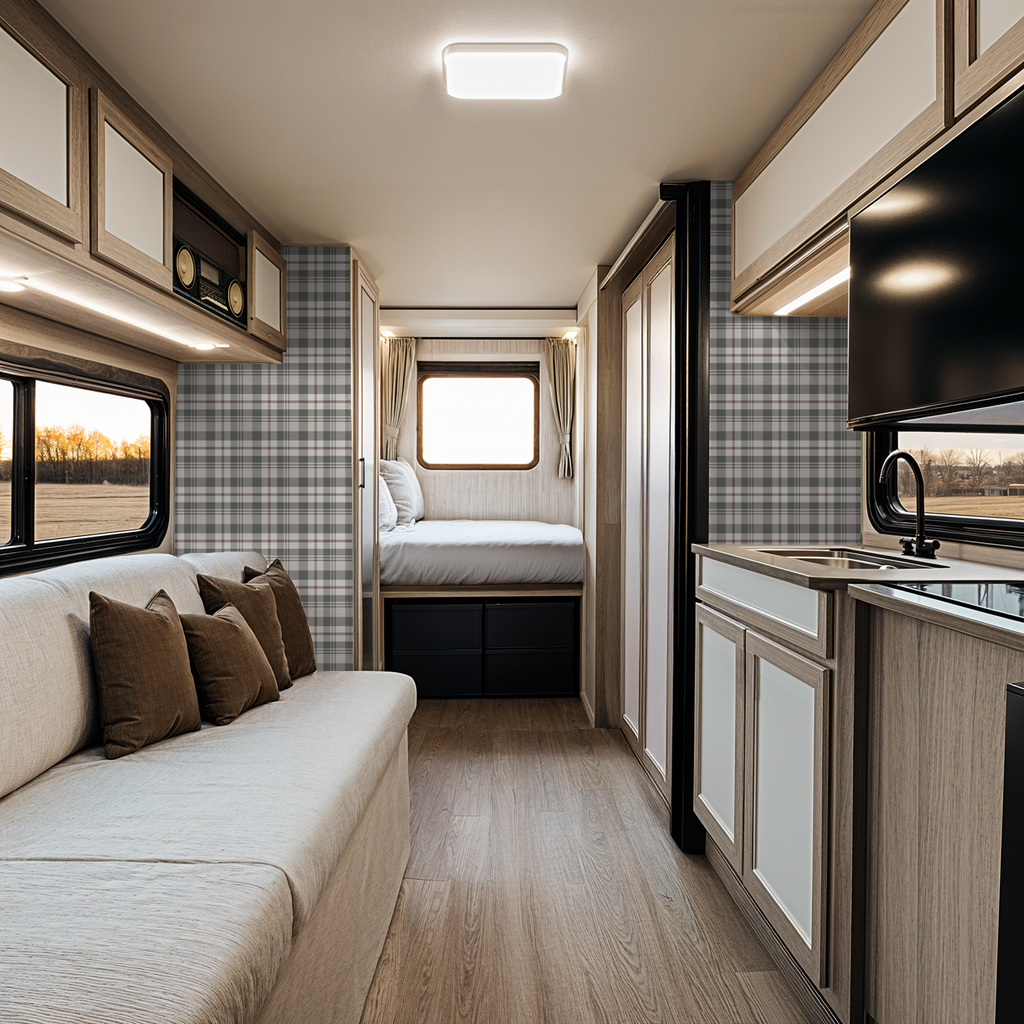 Plaid cream and green wallpaper in cozy RV interior with sofa and bed.