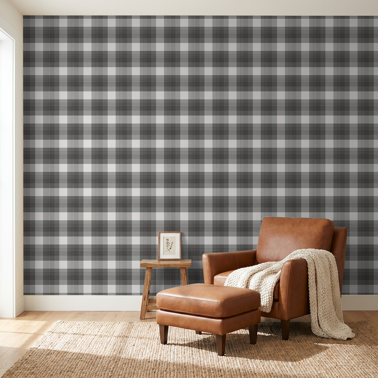 Plaid green and charcoal wallpaper in cozy living room with leather chair.