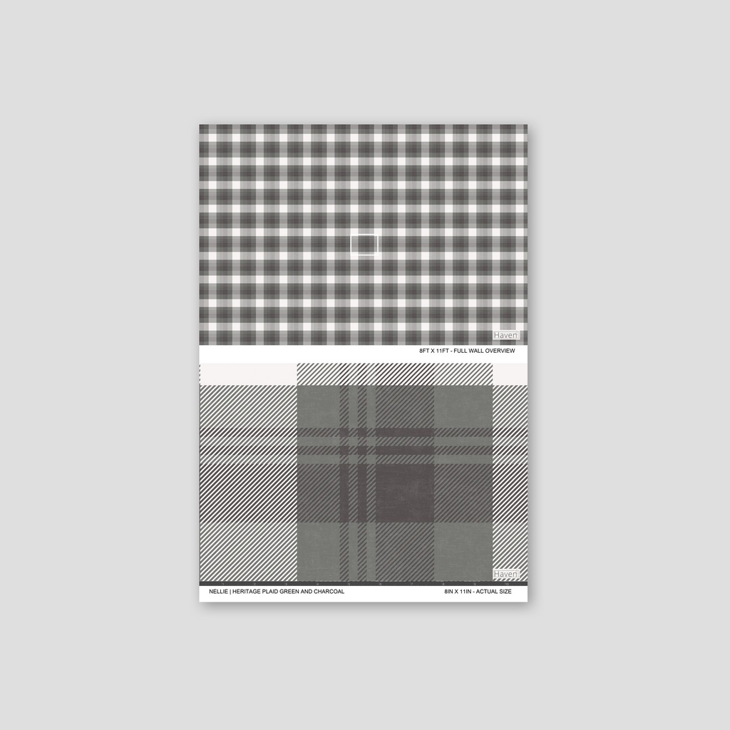 Plaid green and charcoal wallpaper sample with grid pattern.