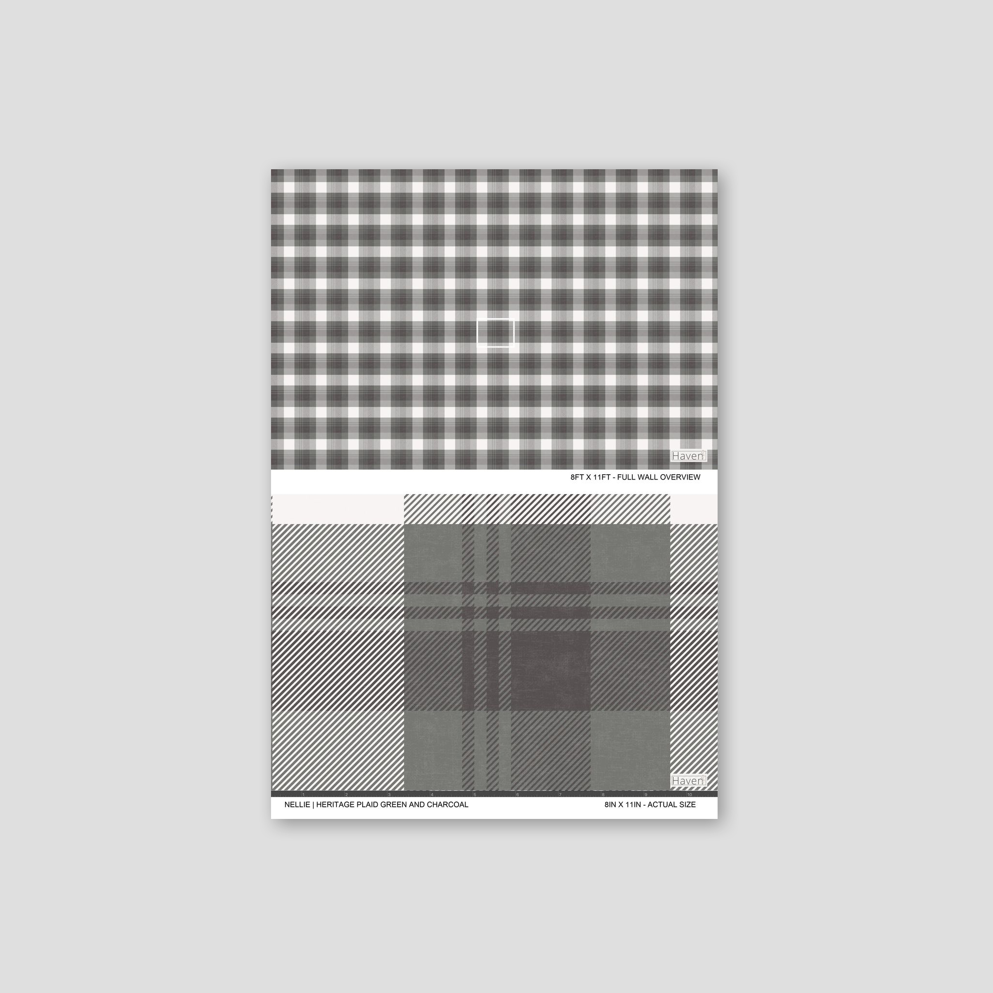 Plaid green and charcoal wallpaper sample with grid pattern.