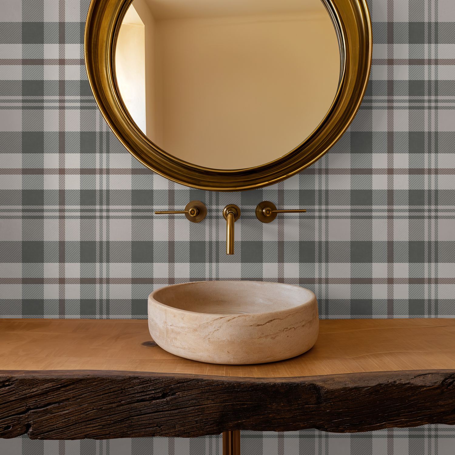Plaid wallpaper in cream and green with round mirror and wooden sink.