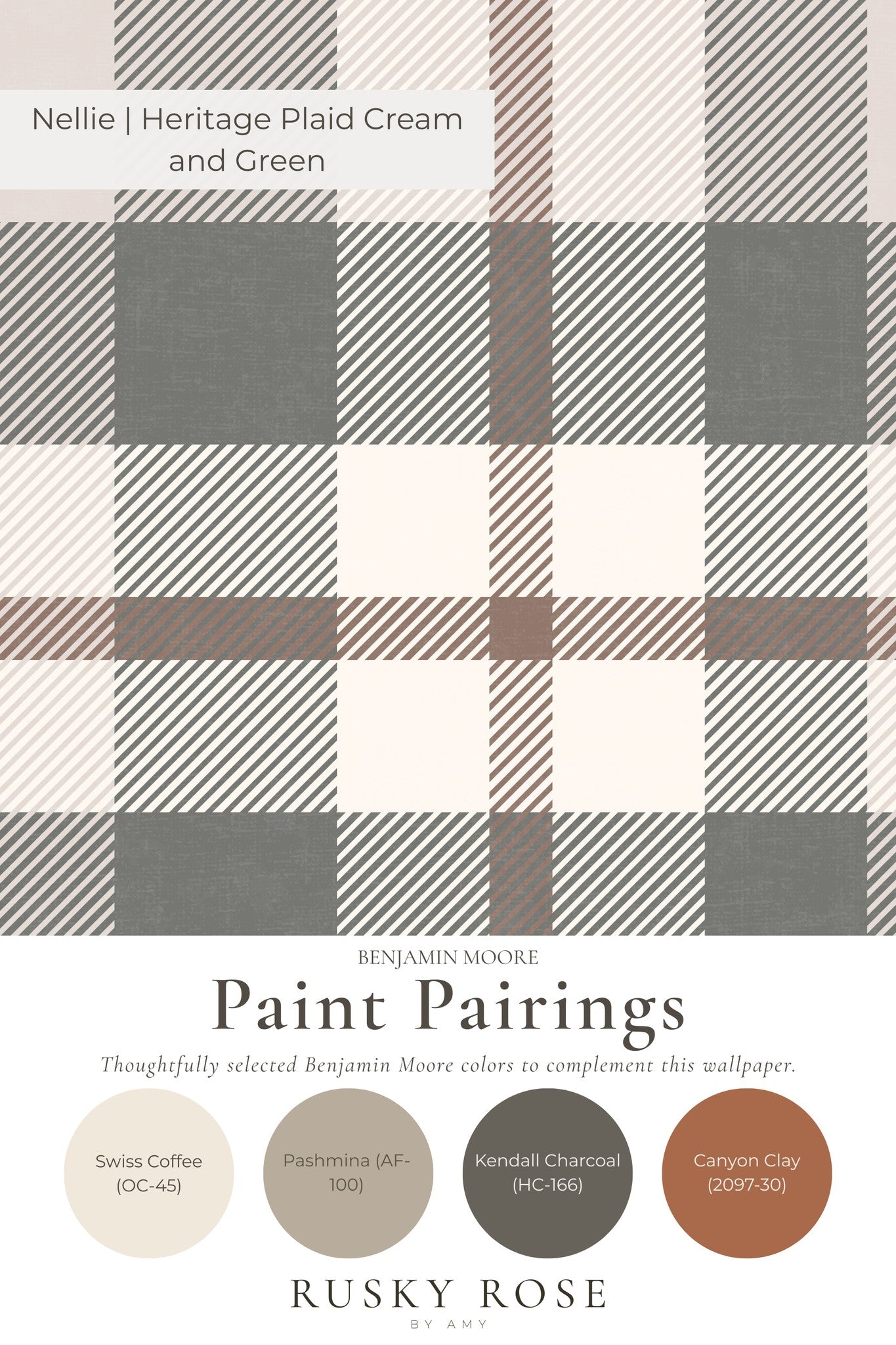 Plaid wallpaper sample in cream, taupe, and charcoal with paint pairings.