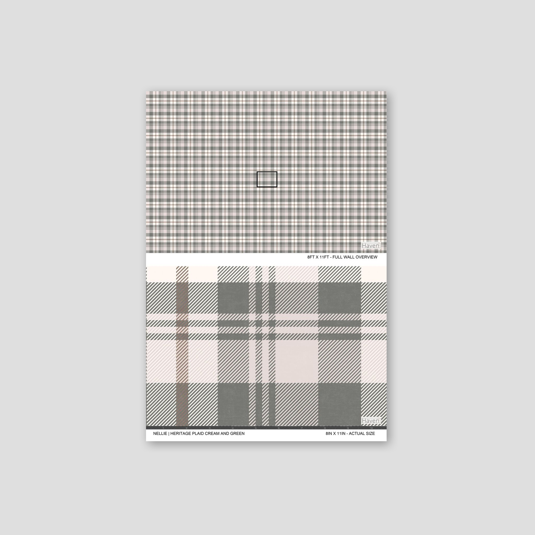 Plaid wallpaper sample in taupe, cream, and charcoal with geometric pattern.