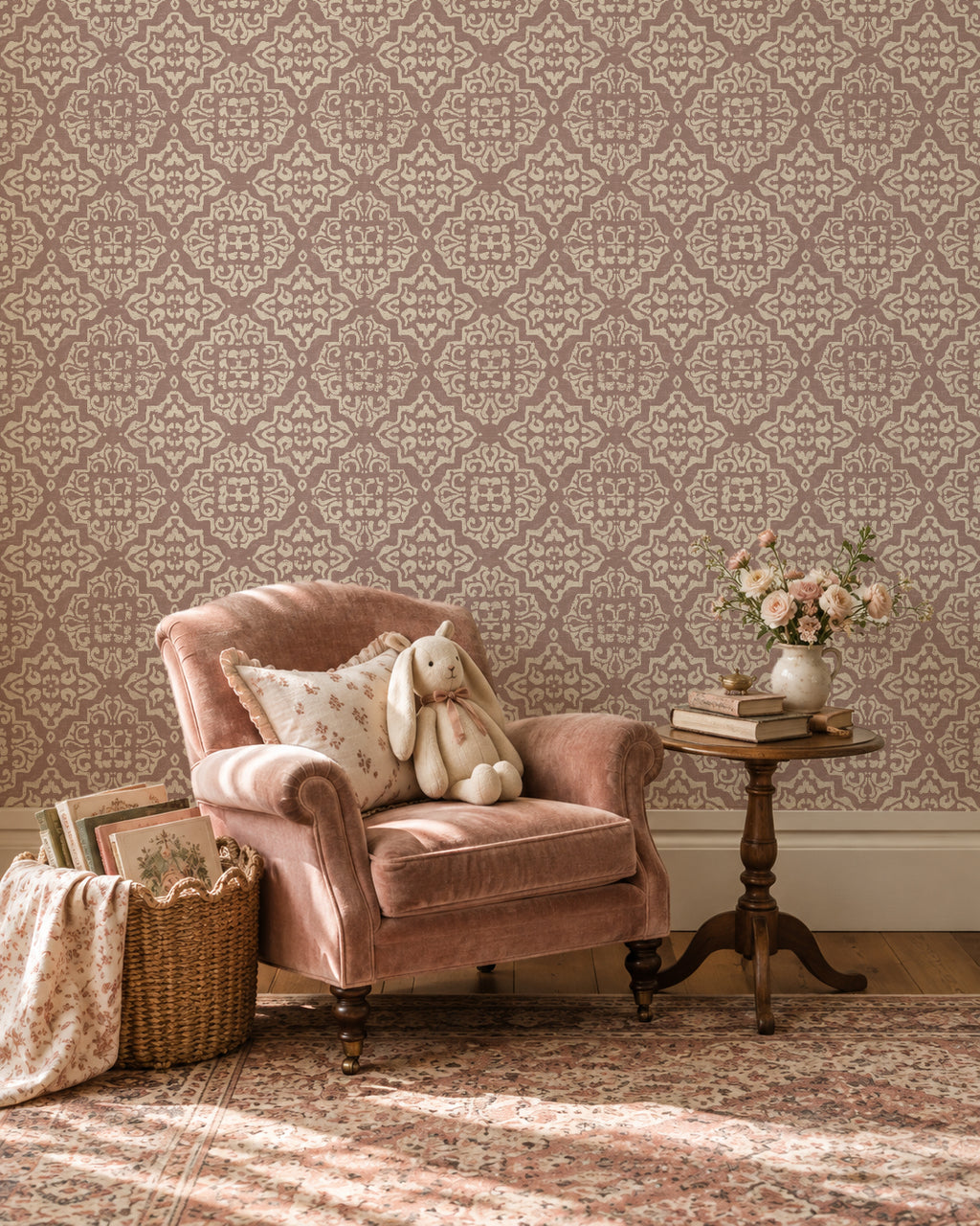 Elegant rosewood damask wallpaper in cozy living room with pink velvet chair.