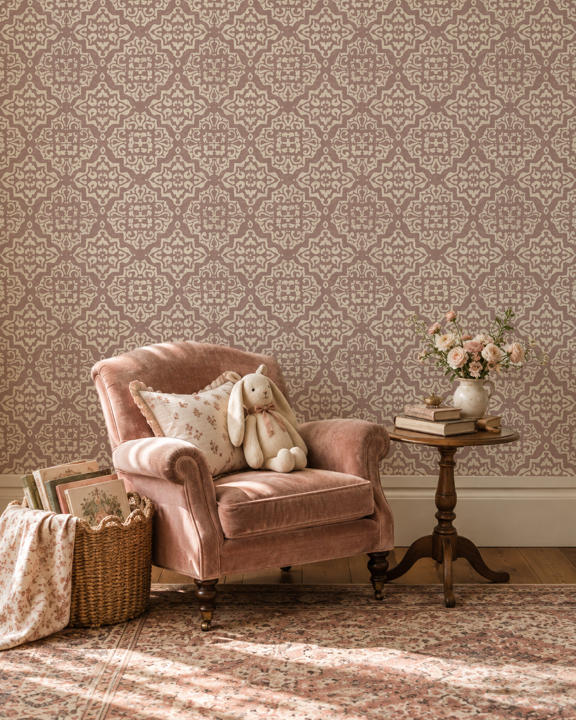 Elegant rosewood damask wallpaper in cozy living room with pink velvet chair.