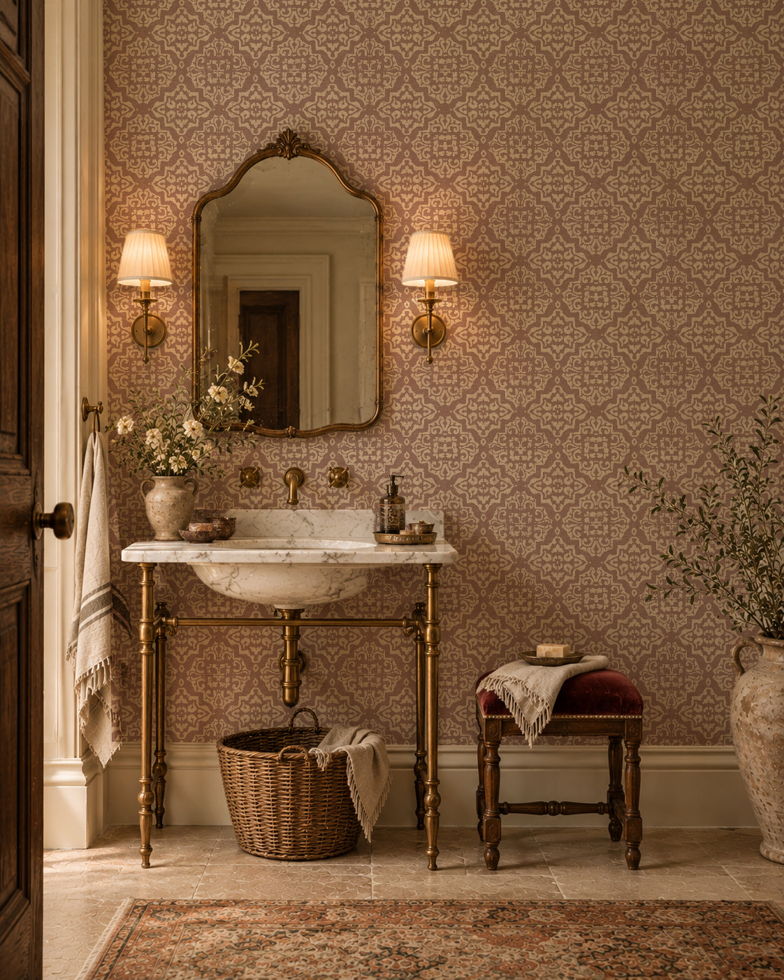 Rosewood damask wallpaper in elegant bathroom with vintage decor.