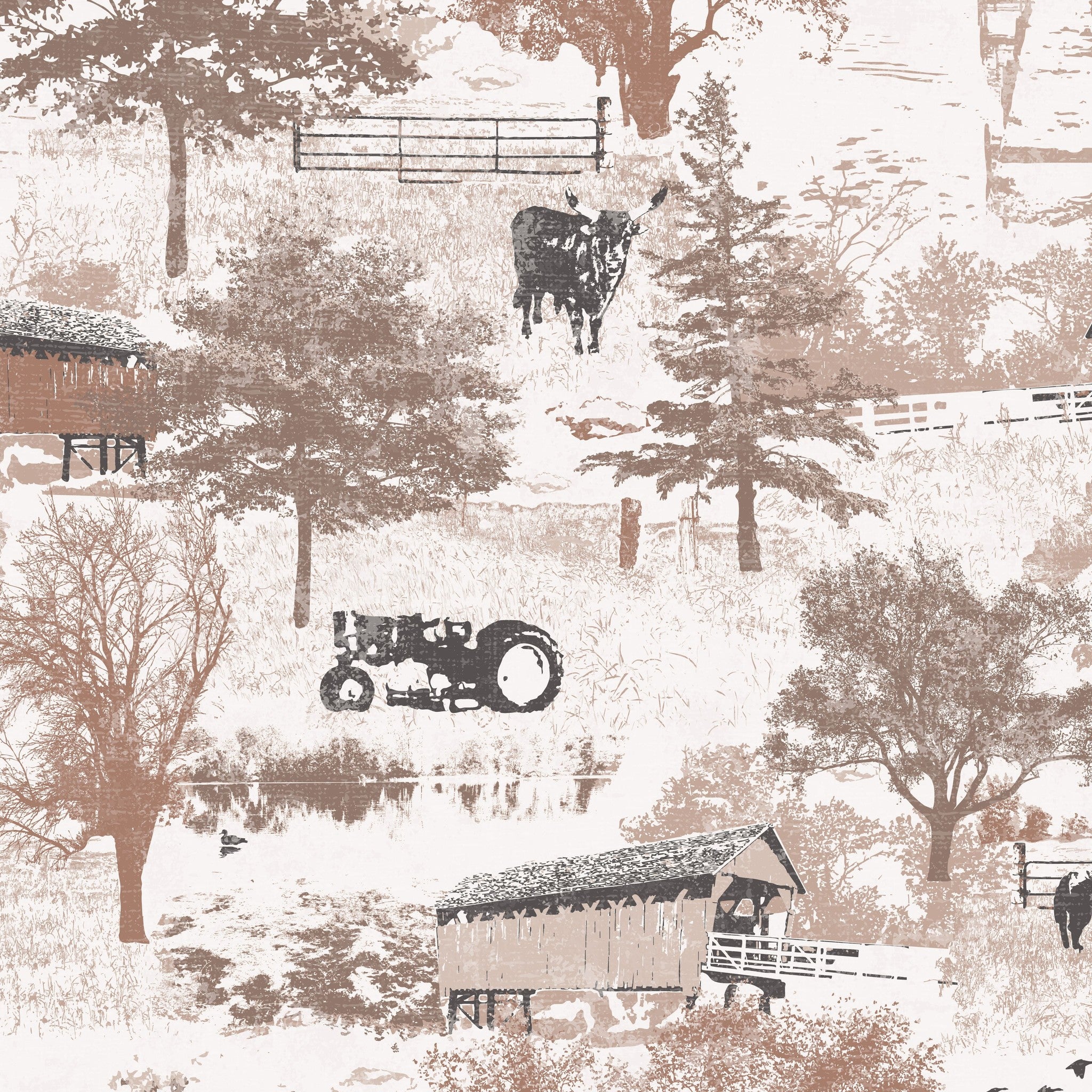 Rustic countryside toile wallpaper with sepia barns, cattle, trees, and tractor in brown tones.