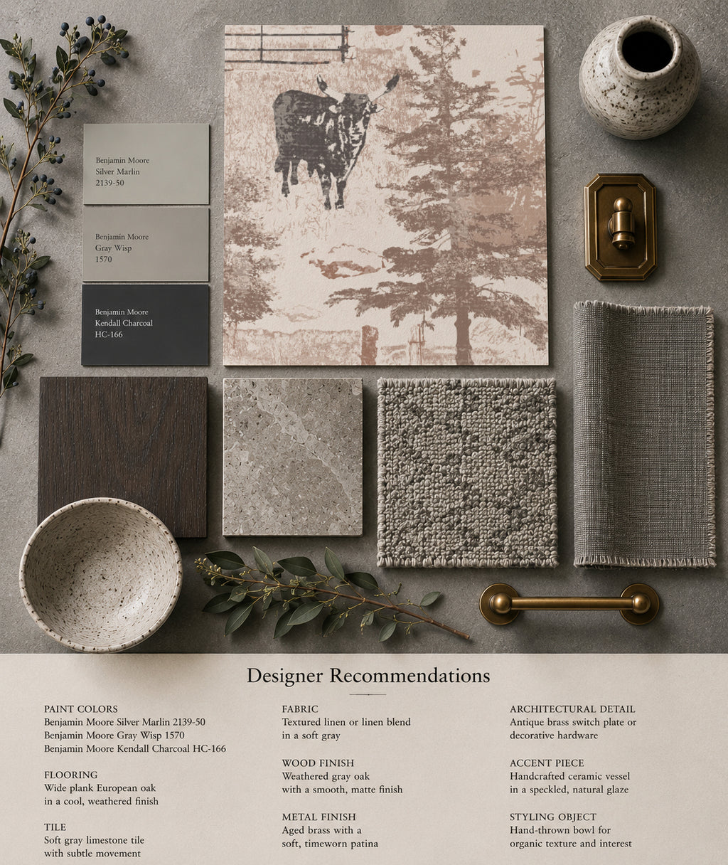 Rustic countryside toile wallpaper with sepia barns and cattle, surrounded by decor samples.