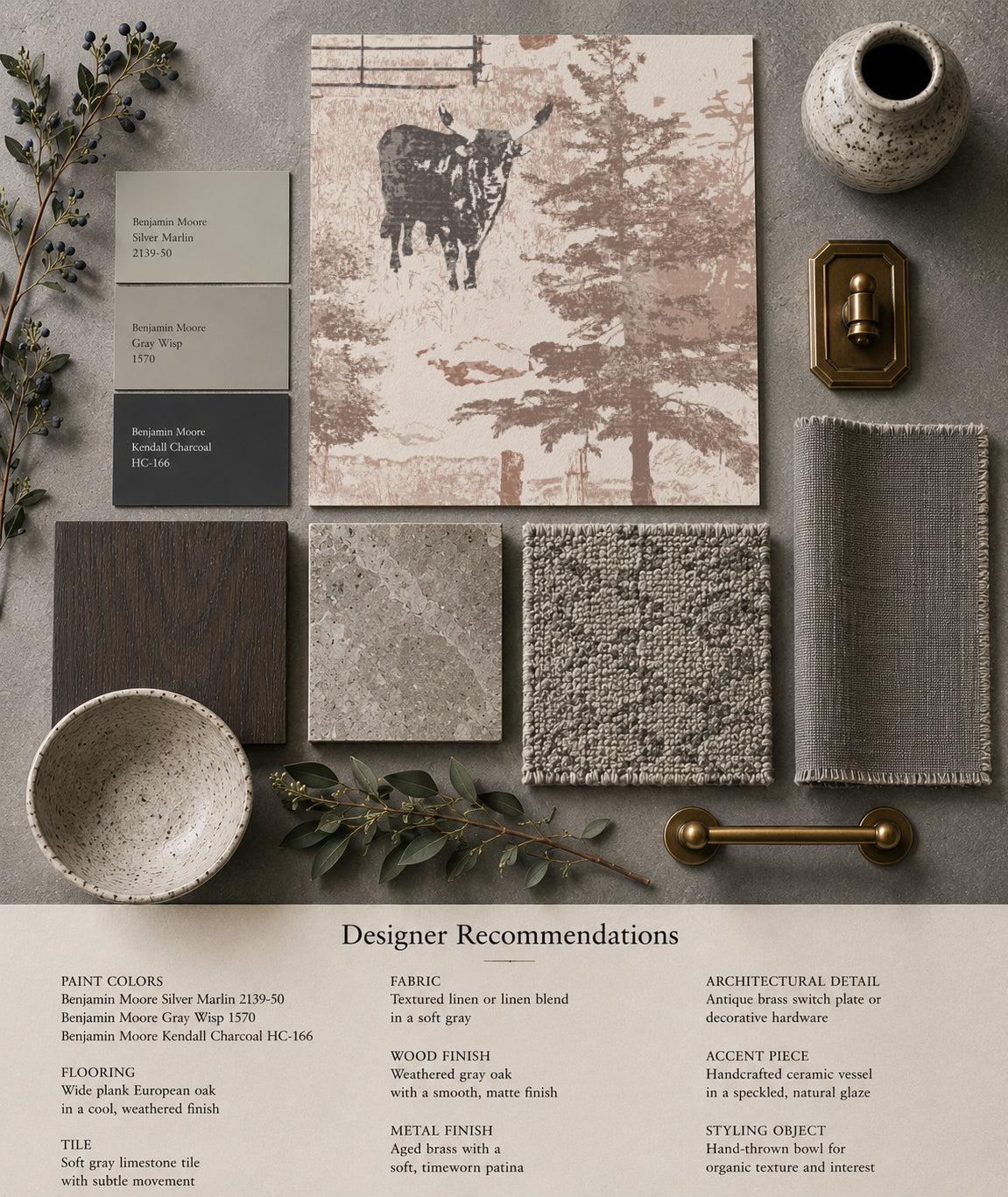 Rustic countryside toile wallpaper with sepia barns and cattle, surrounded by decor samples.