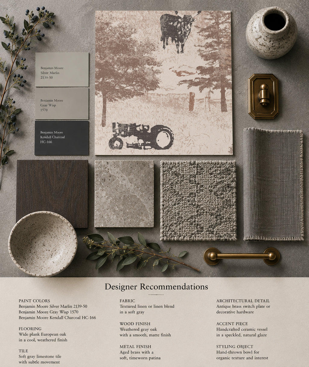 Rustic countryside toile wallpaper with tractor and cow pattern, sepia tones, sample board.