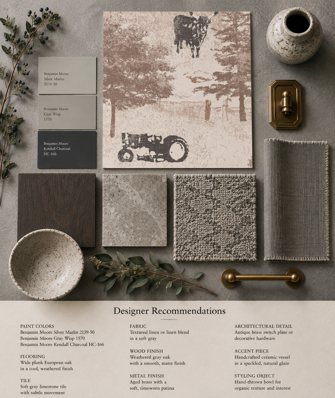 Rustic countryside toile wallpaper with tractor and cow pattern, sepia tones, sample board.