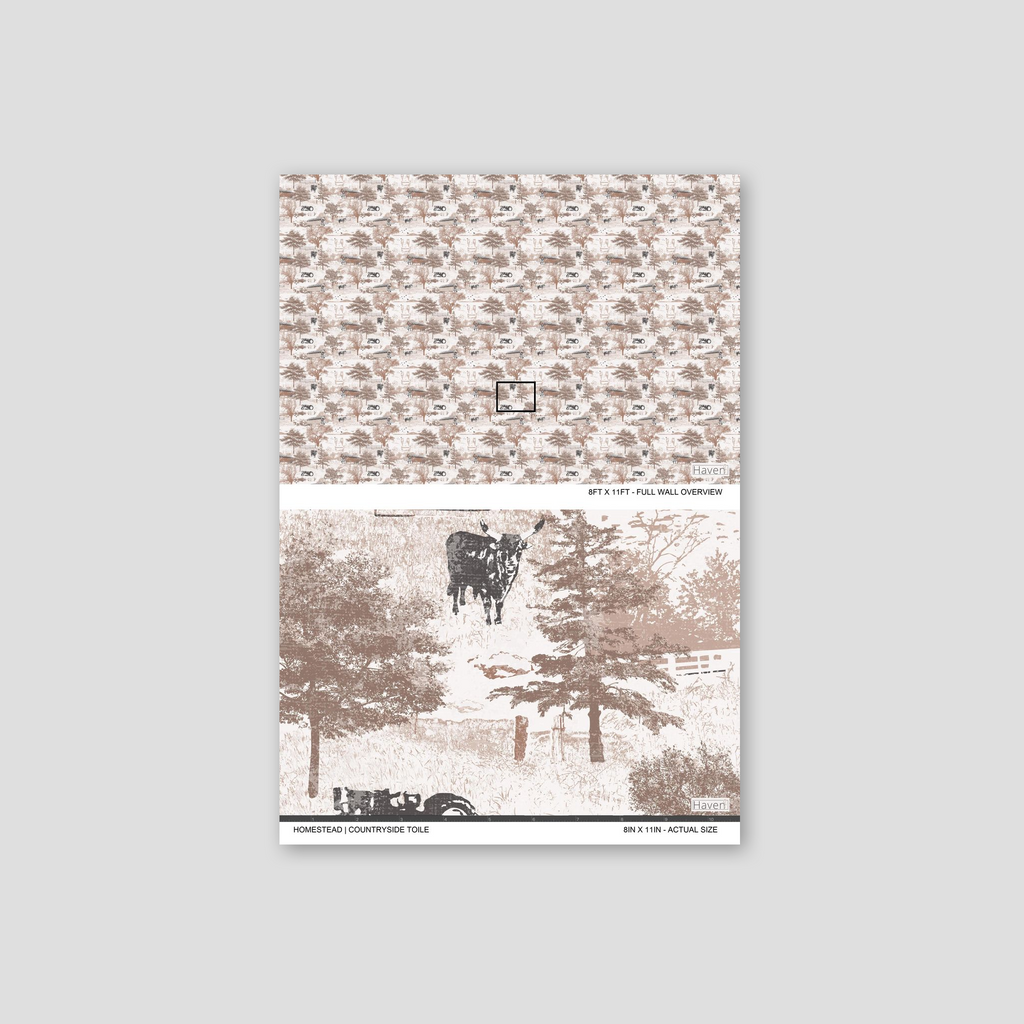 Rustic sepia-toned countryside toile wallpaper with barns and cattle.