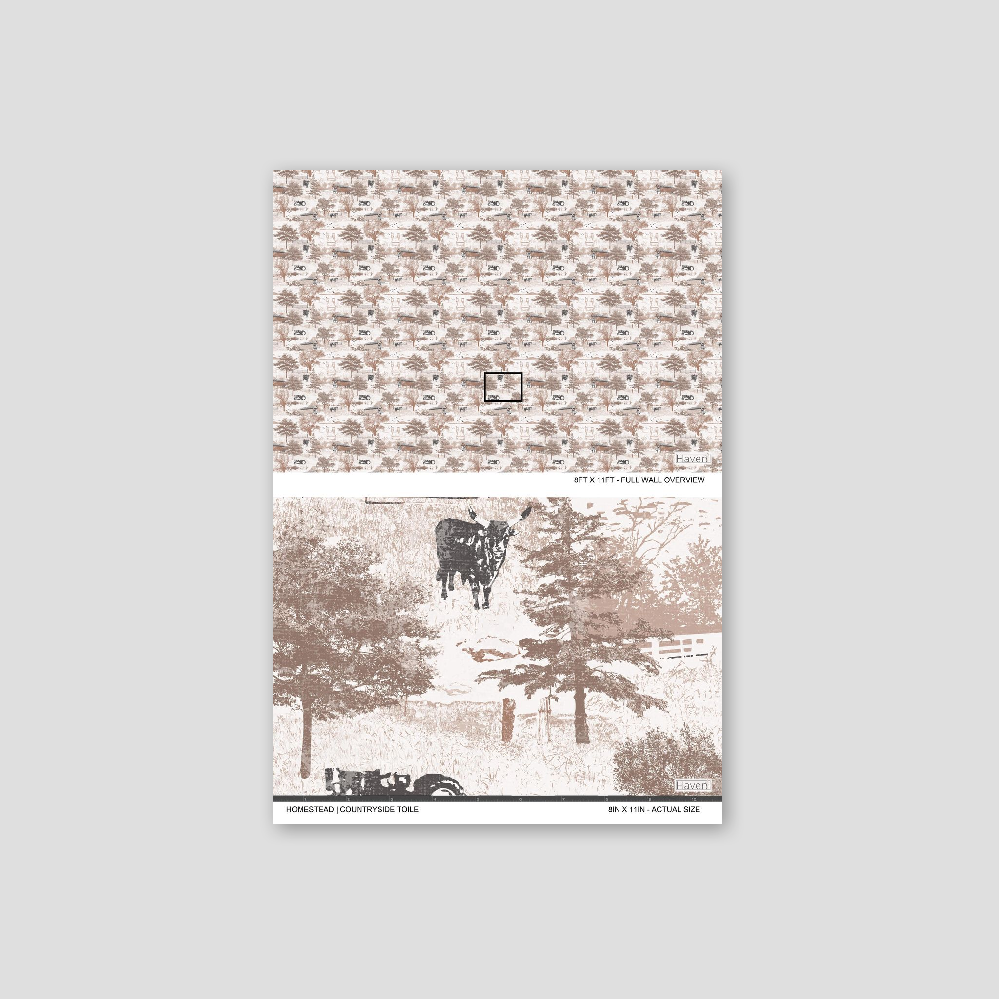 Rustic sepia-toned countryside toile wallpaper with barns and cattle.