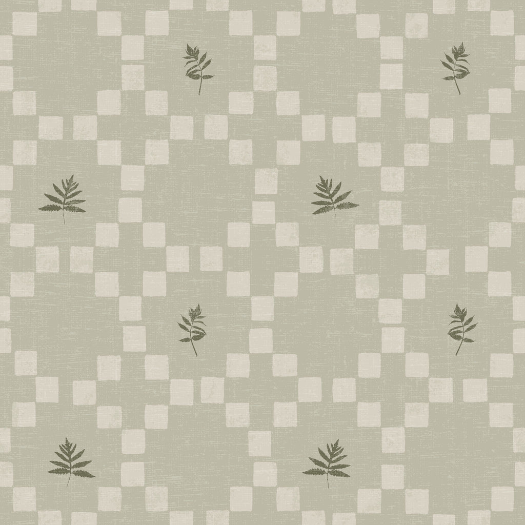 Sage botanical lattice wallpaper with leaf motifs and checkerboard pattern.