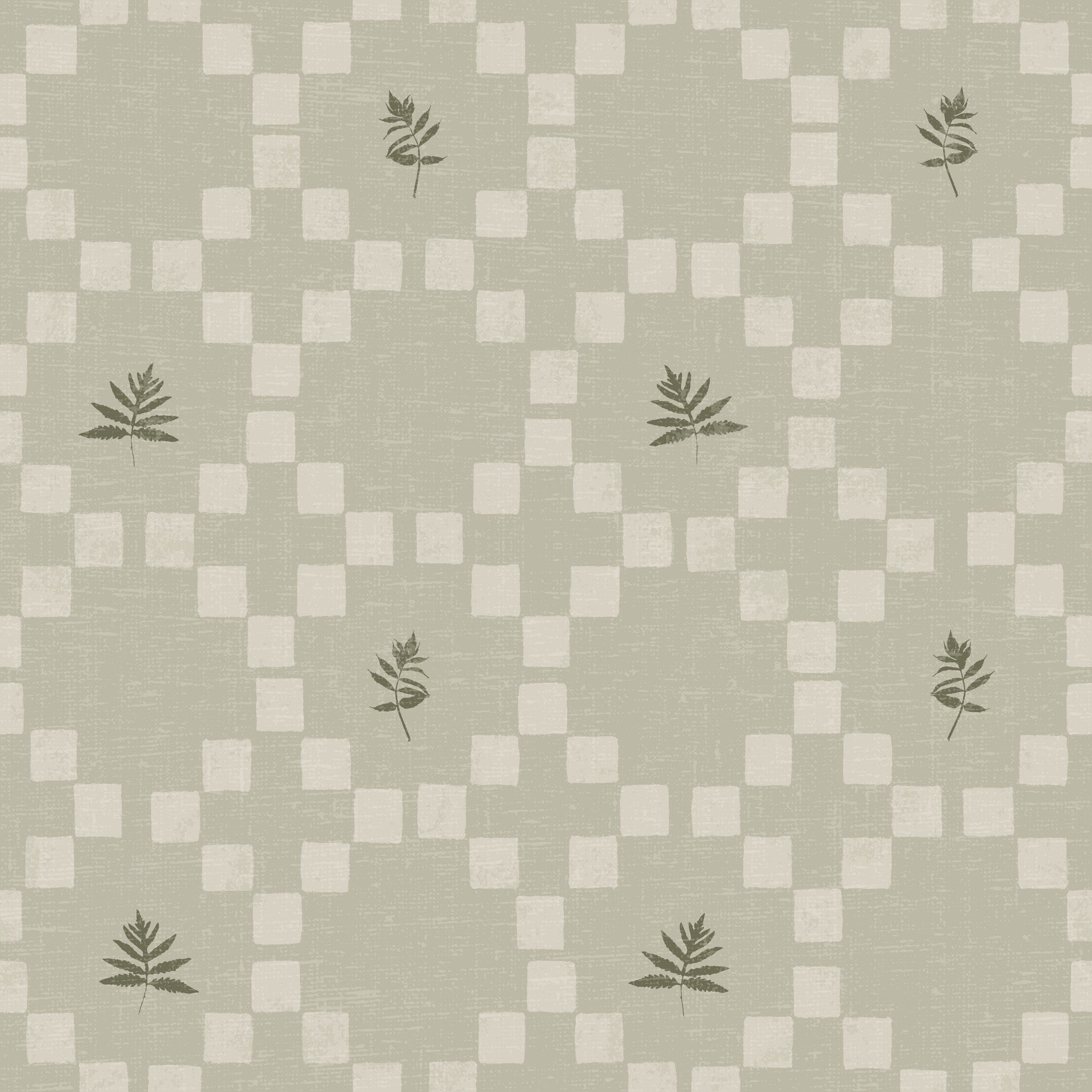 Sage botanical lattice wallpaper with leaf motifs and checkerboard pattern.