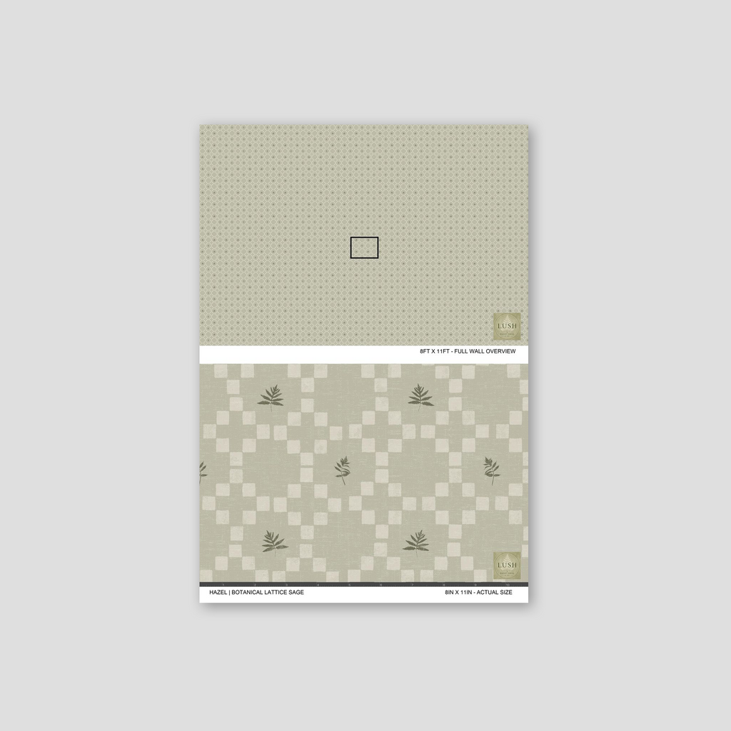 Sage botanical lattice wallpaper with leaf motifs and geometric pattern.