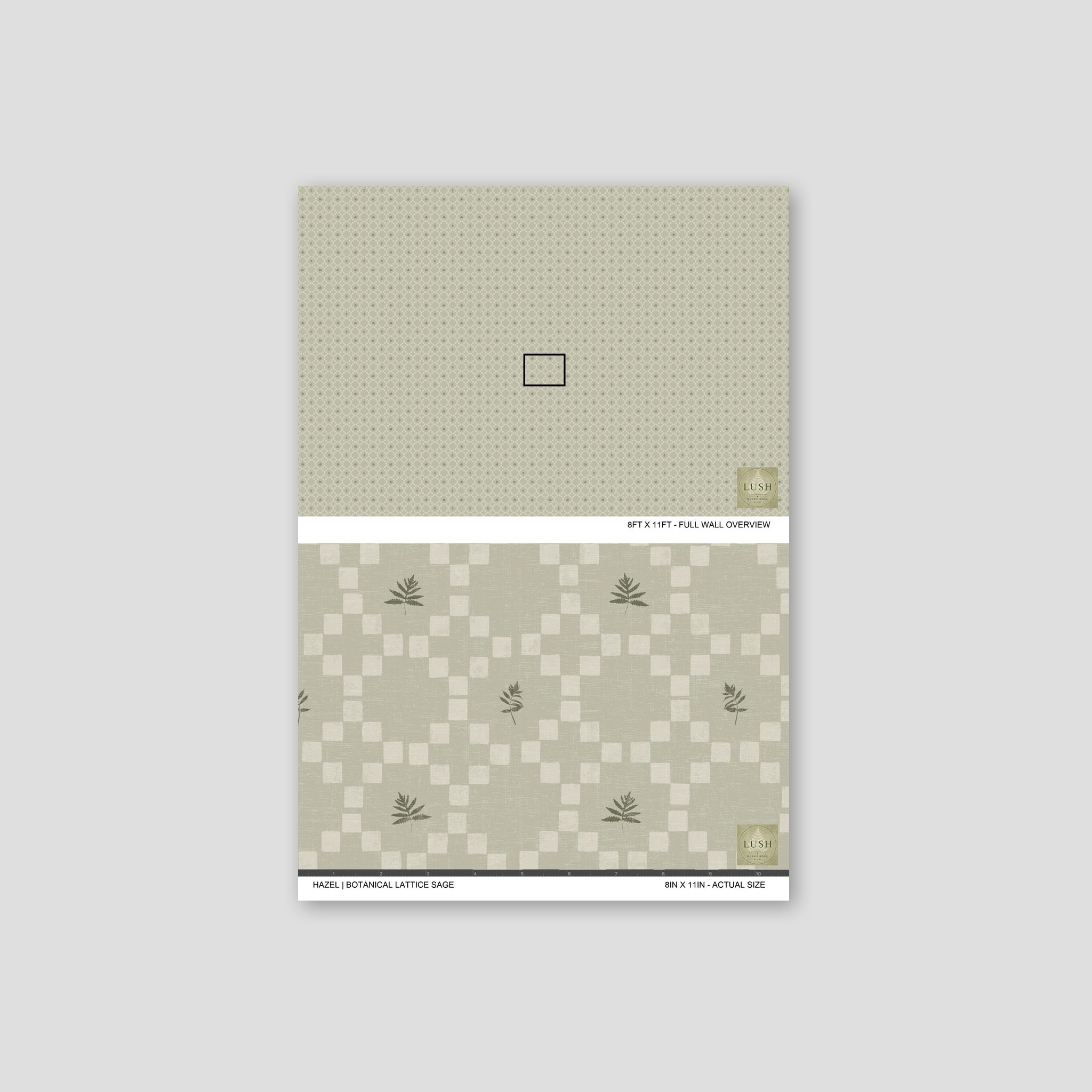 Sage botanical lattice wallpaper with leaf motifs and geometric pattern.