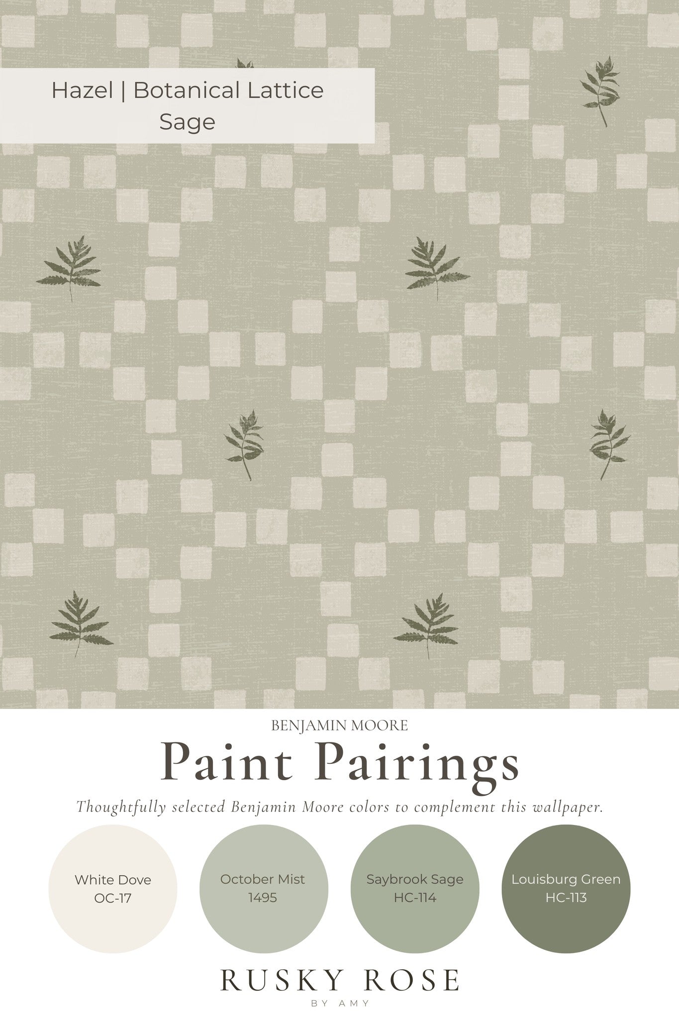 Sage botanical lattice wallpaper with leaf motifs and checkerboard pattern
