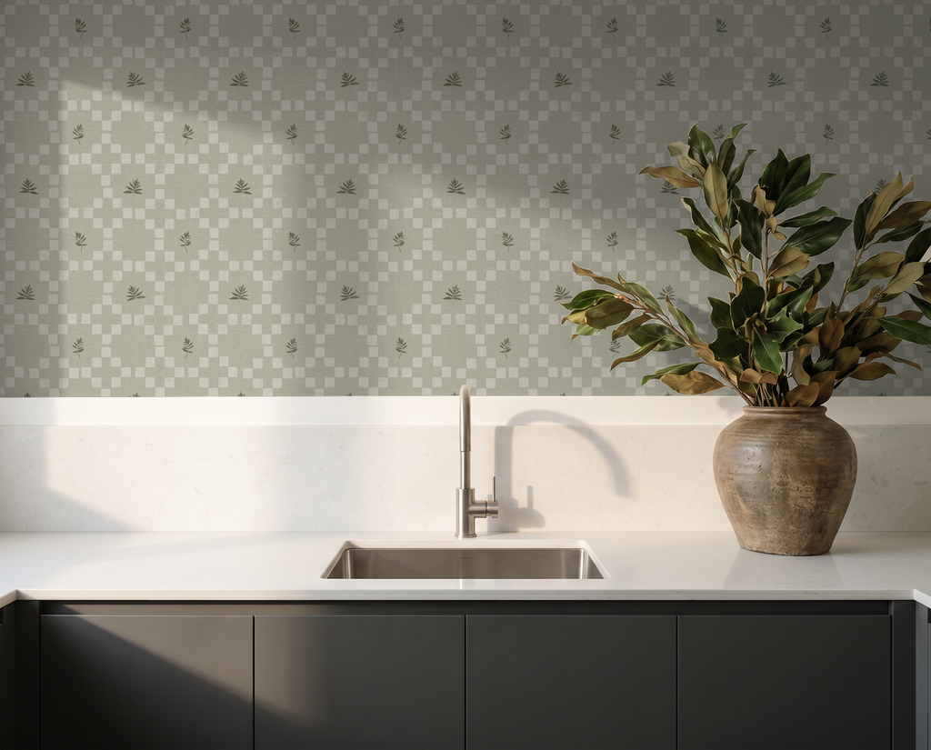 Sage green botanical lattice wallpaper in modern kitchen with vase
