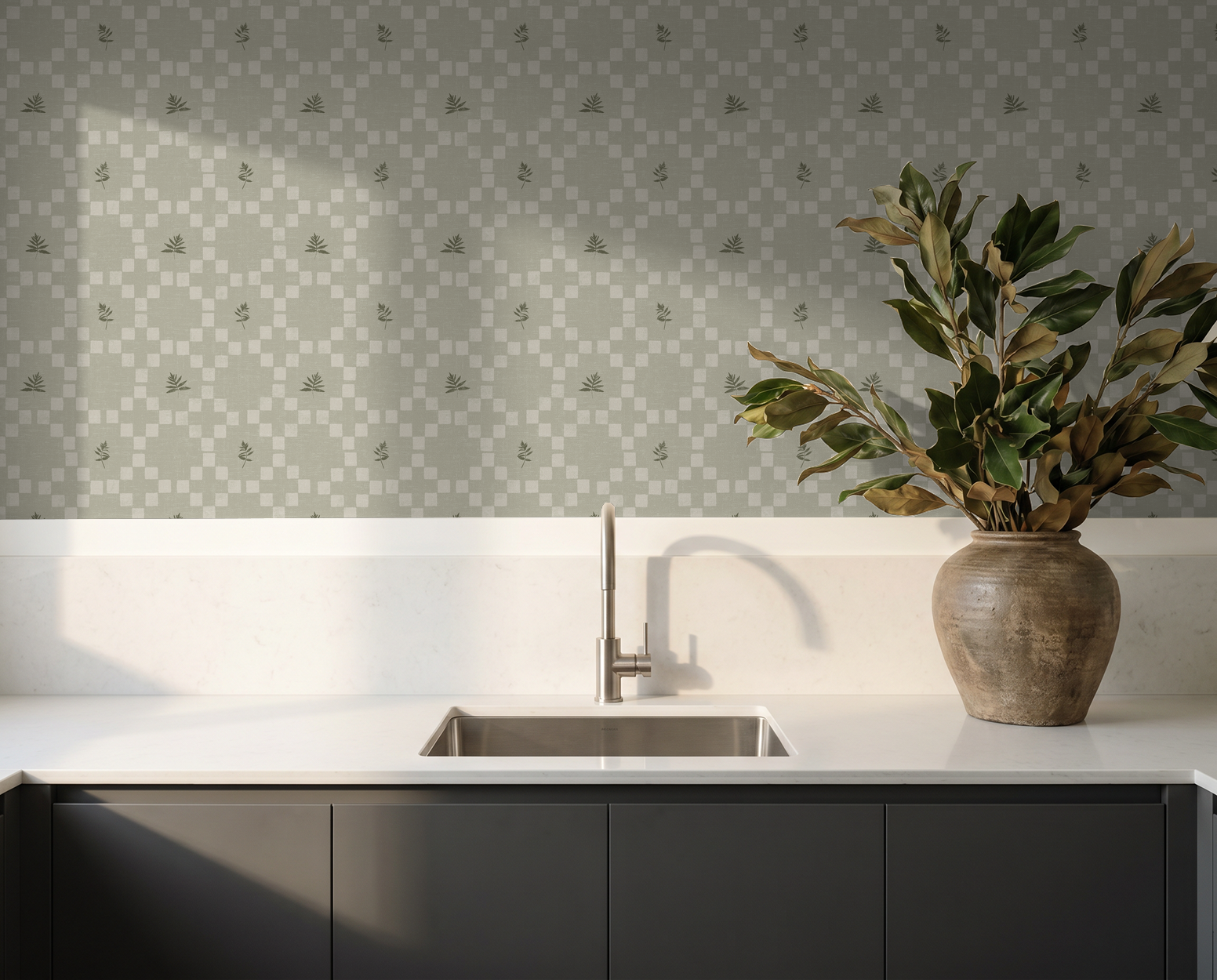 Sage green botanical lattice wallpaper in modern kitchen with vase