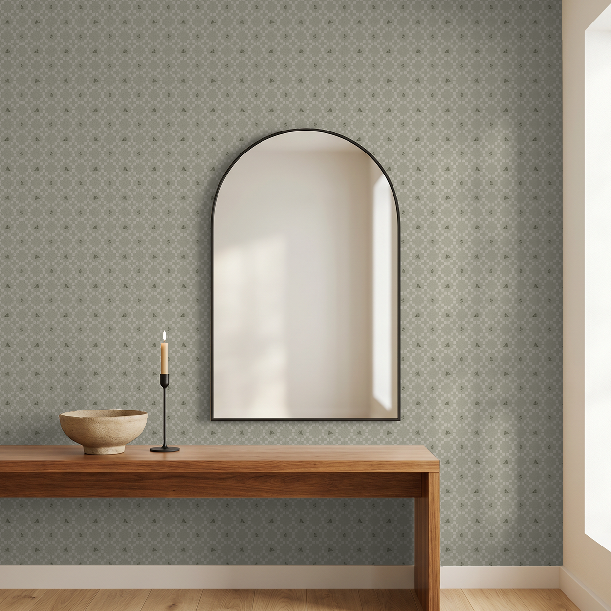 Sage botanical lattice wallpaper in modern room with wooden table and mirror.