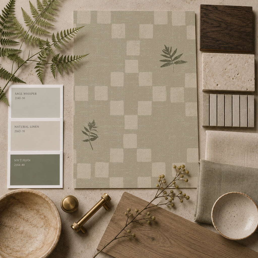 Sage botanical lattice wallpaper sample with leaf motifs and natural decor elements.