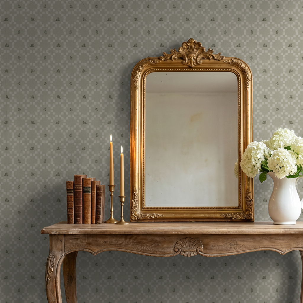 Sage botanical lattice wallpaper in room with ornate mirror and wooden table.