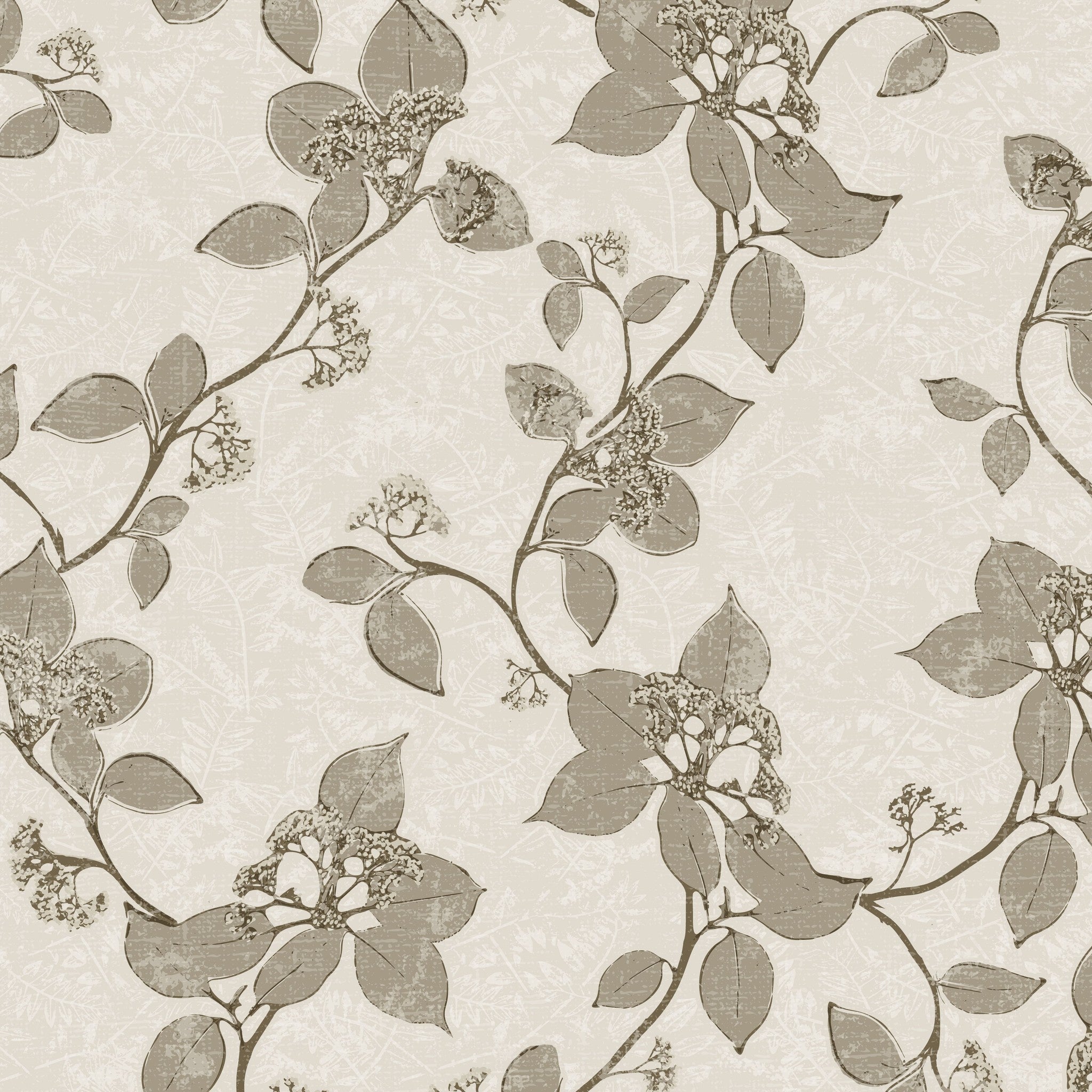 Sage floral vine wallpaper with sepia tones on cream background