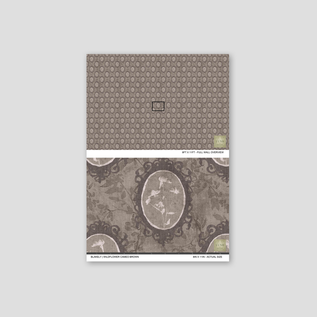 Sepia-toned wallpaper with botanical motifs in oval frames, vintage style.