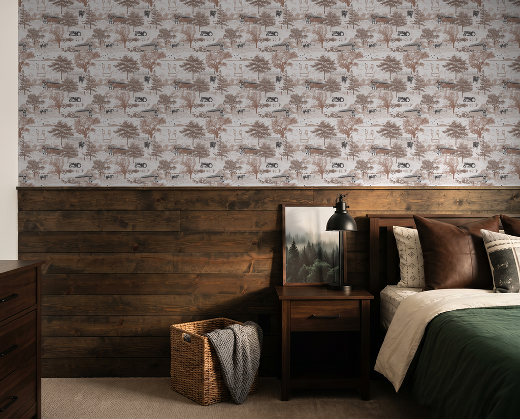 Sepia-toned countryside toile wallpaper in rustic bedroom with wood accents.