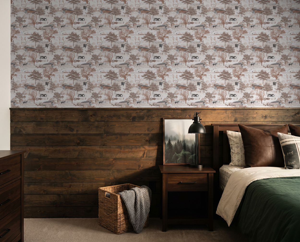 Sepia-toned countryside toile wallpaper in rustic bedroom with wood accents.