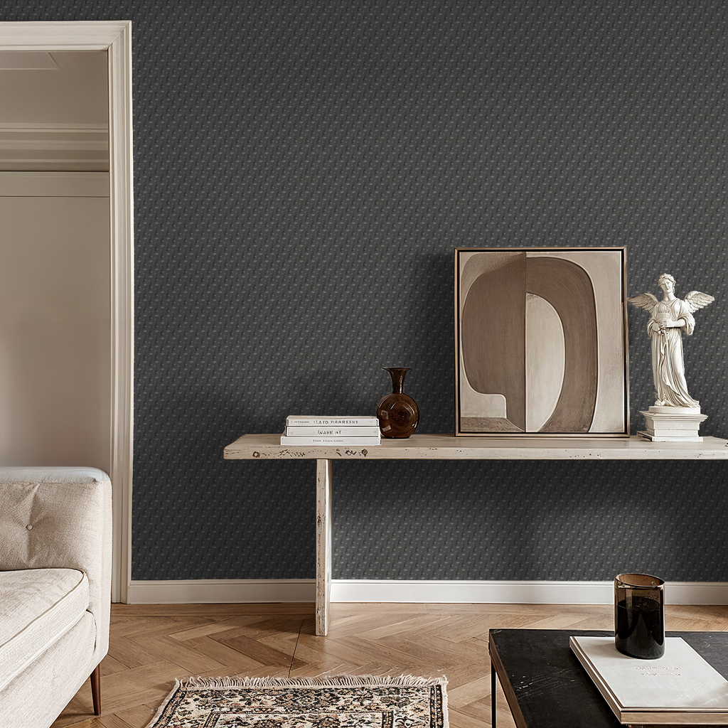 Slate floral vine wallpaper in elegant living room with art and sculpture decor.