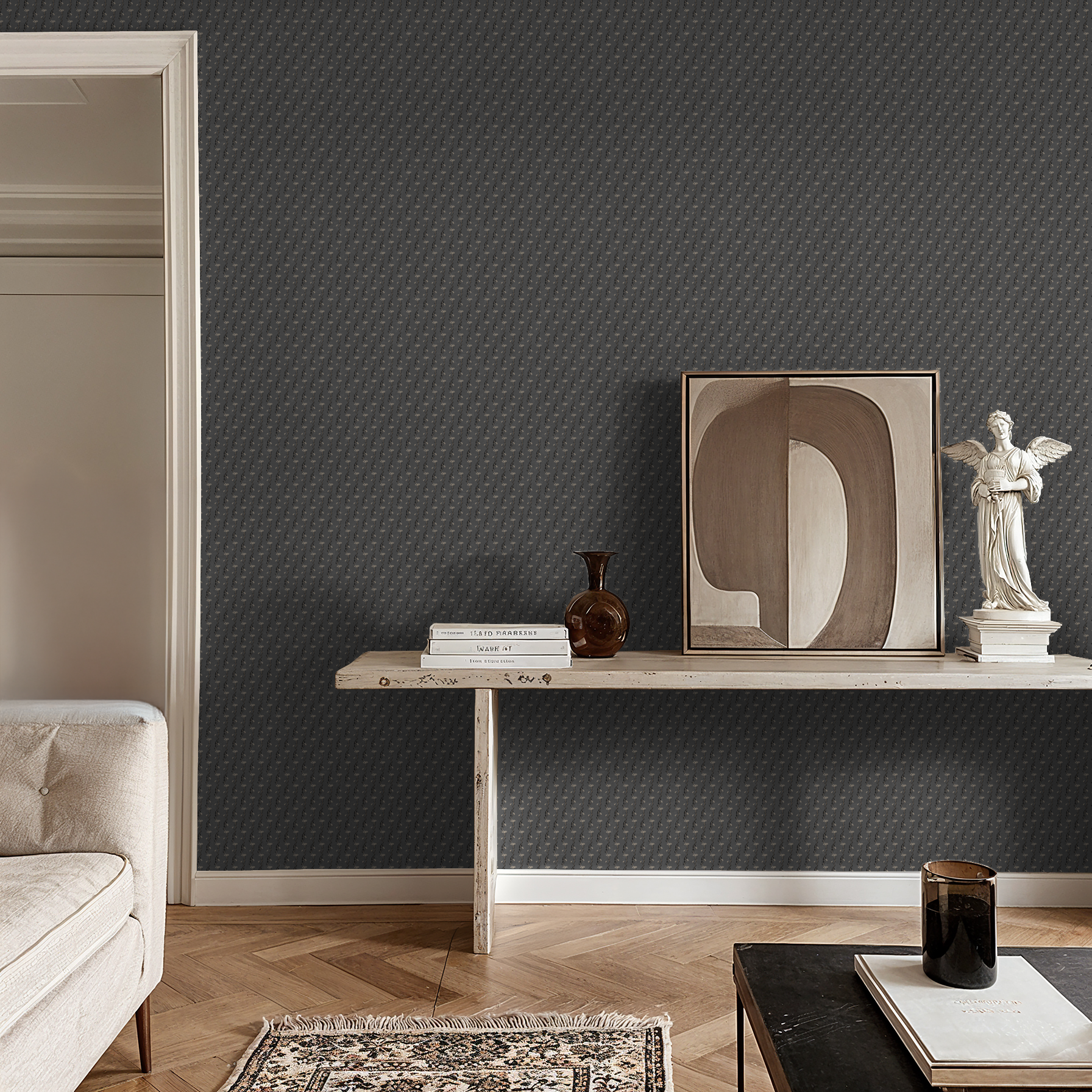 Slate floral vine wallpaper in elegant living room with art and sculpture decor.