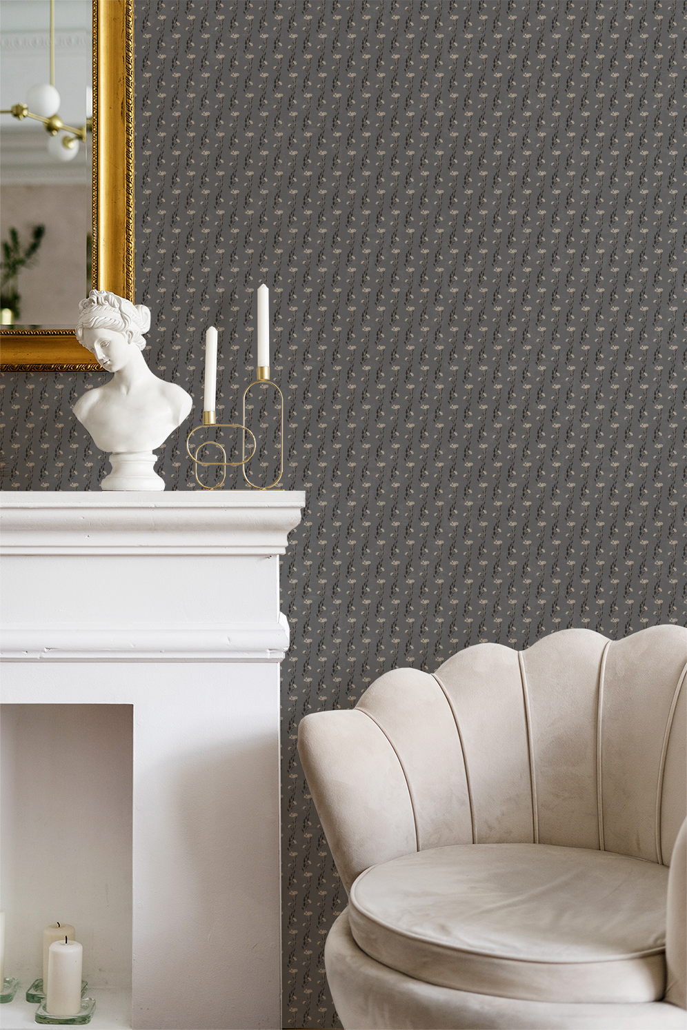 Slate floral vine wallpaper in elegant room with white mantel and beige chair.