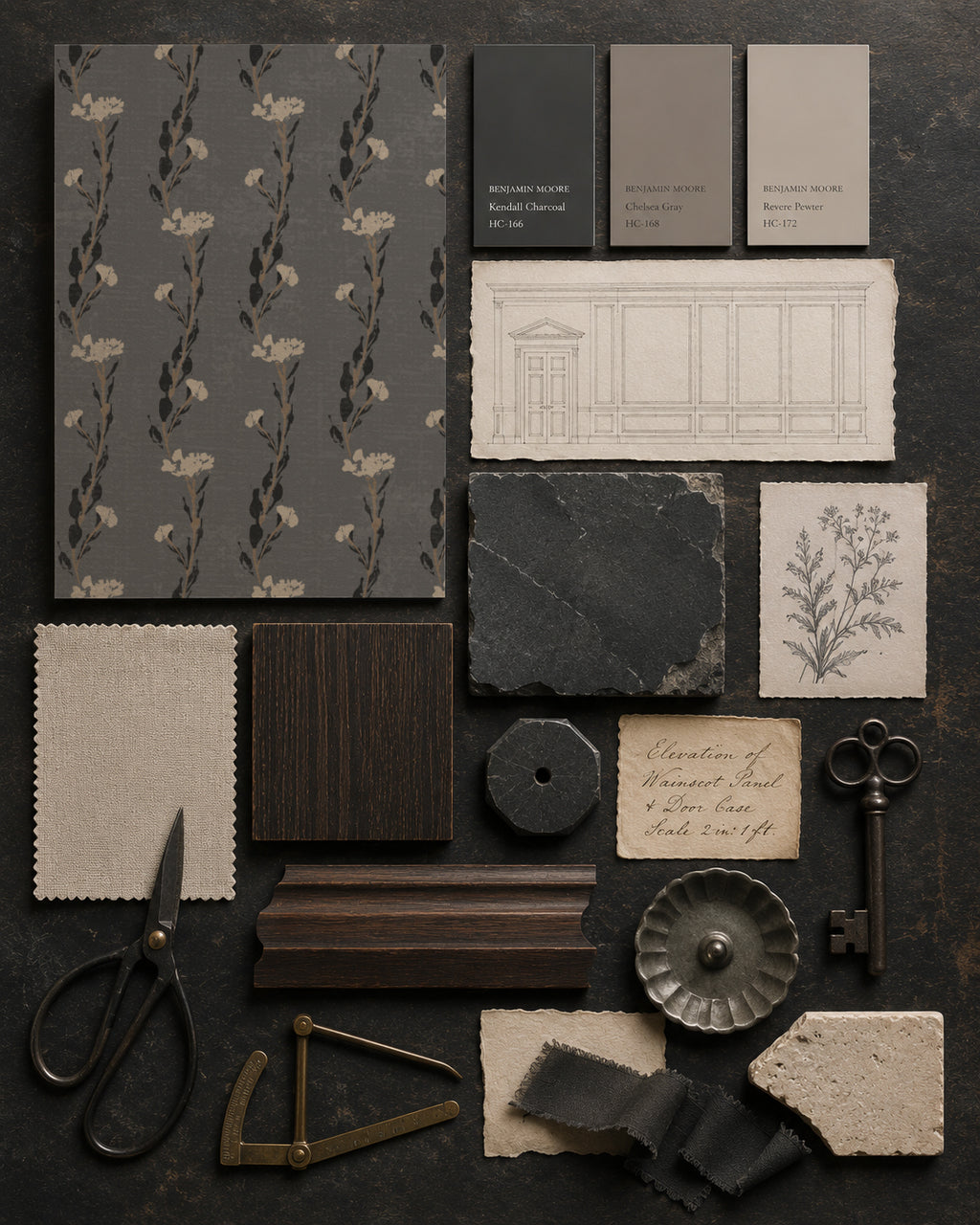 Slate floral vine wallpaper sample with vintage decor elements.