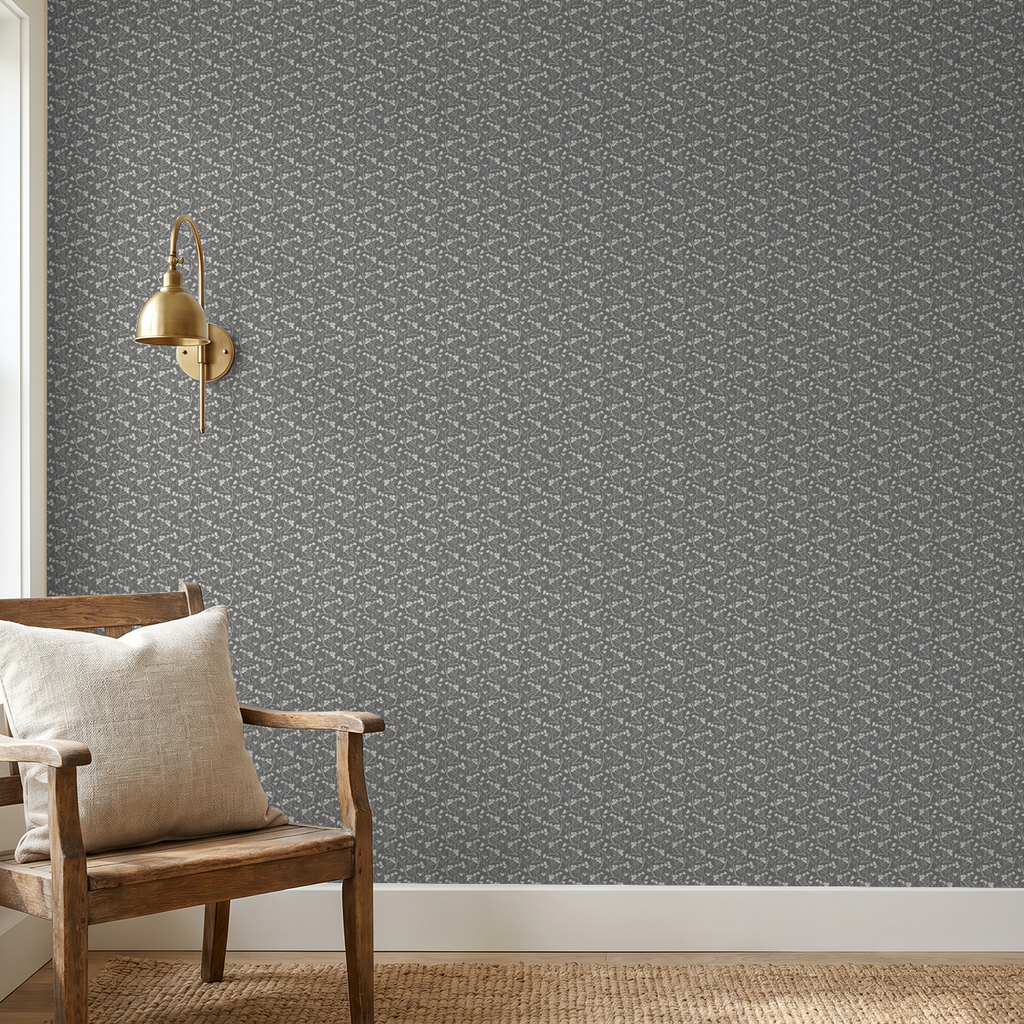 Slate floral wallpaper with delicate pattern in cozy room setting.