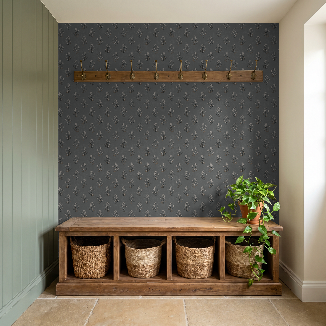 Slate floral wallpaper with white blossoms in a rustic entryway with wooden bench and baskets.