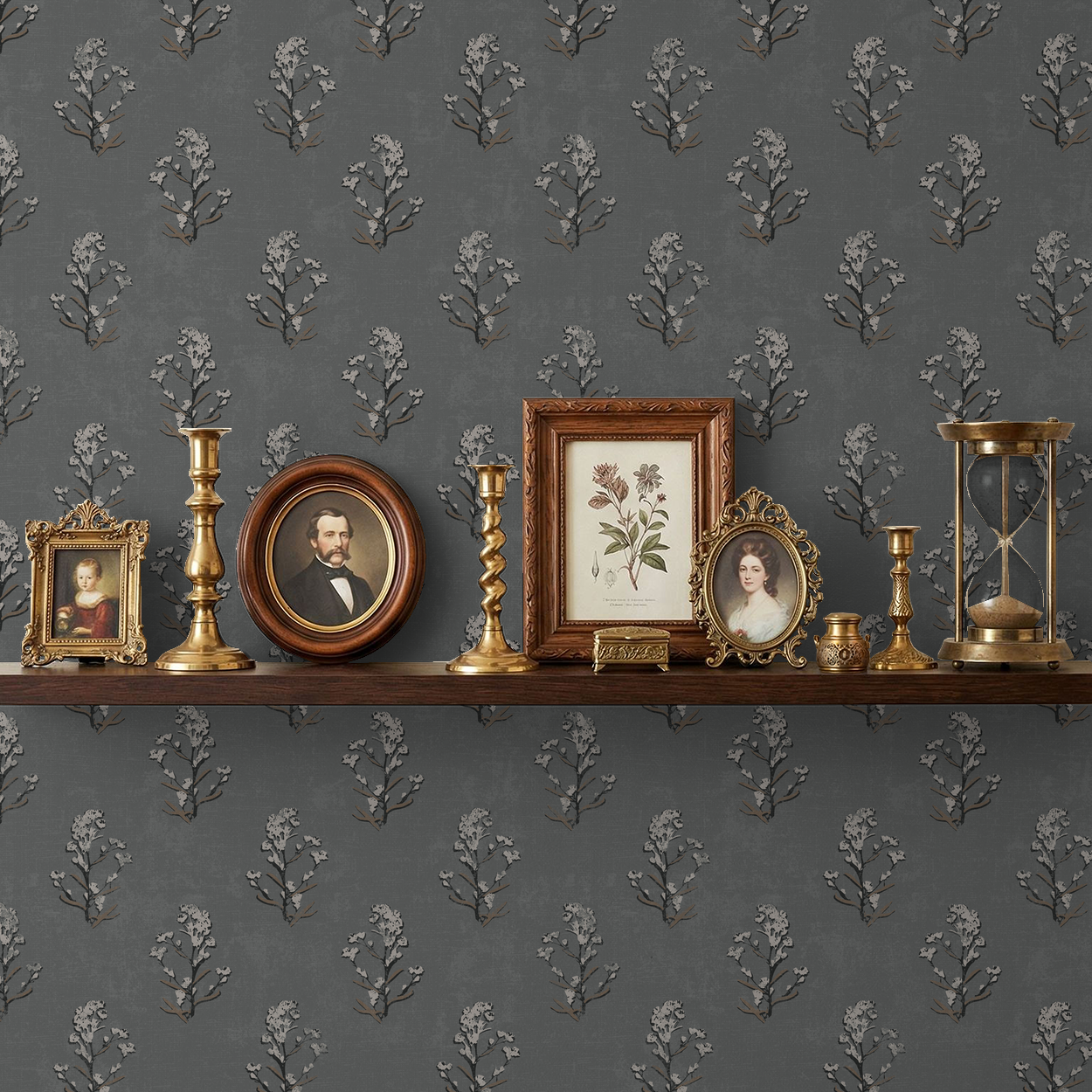 Slate floral wallpaper with delicate white blossoms and vintage decor on a wooden shelf.