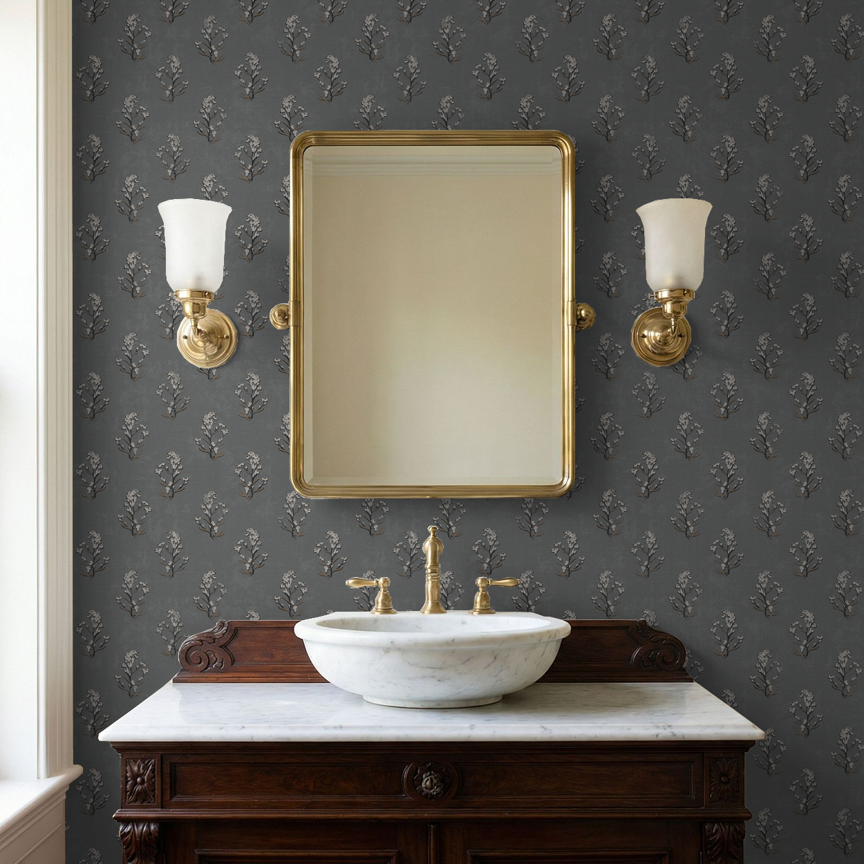 Slate floral wallpaper with white blossoms in elegant bathroom setting.