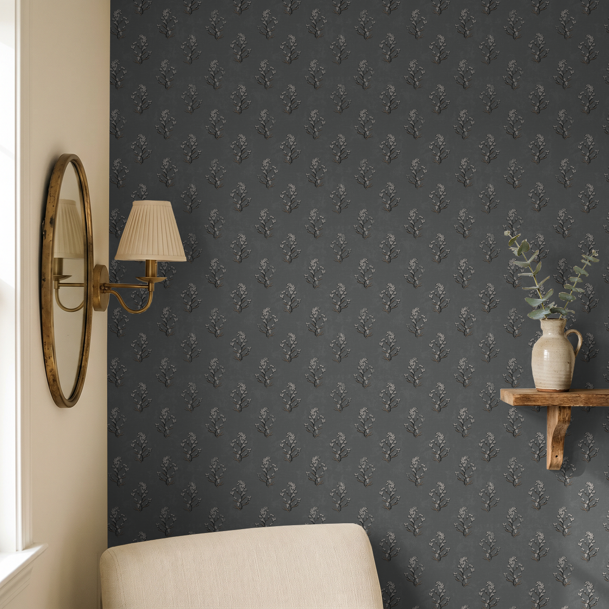 Slate floral wallpaper with white blossoms in cozy room setting.
