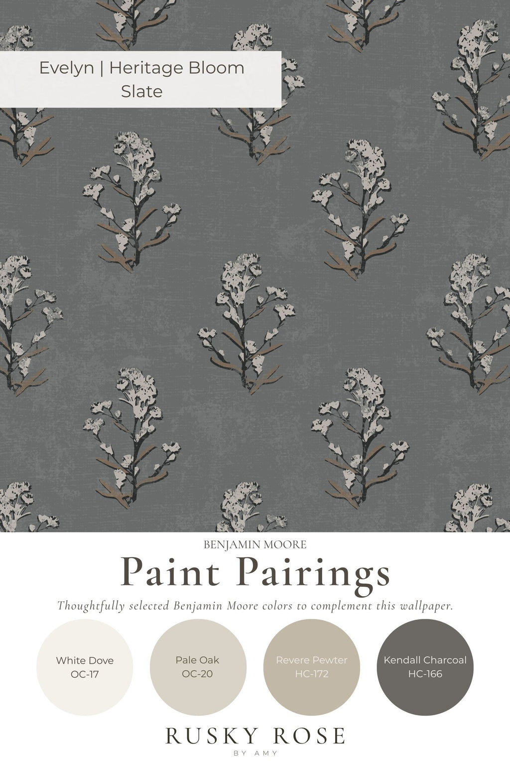 Slate floral wallpaper with white blossoms and paint pairings