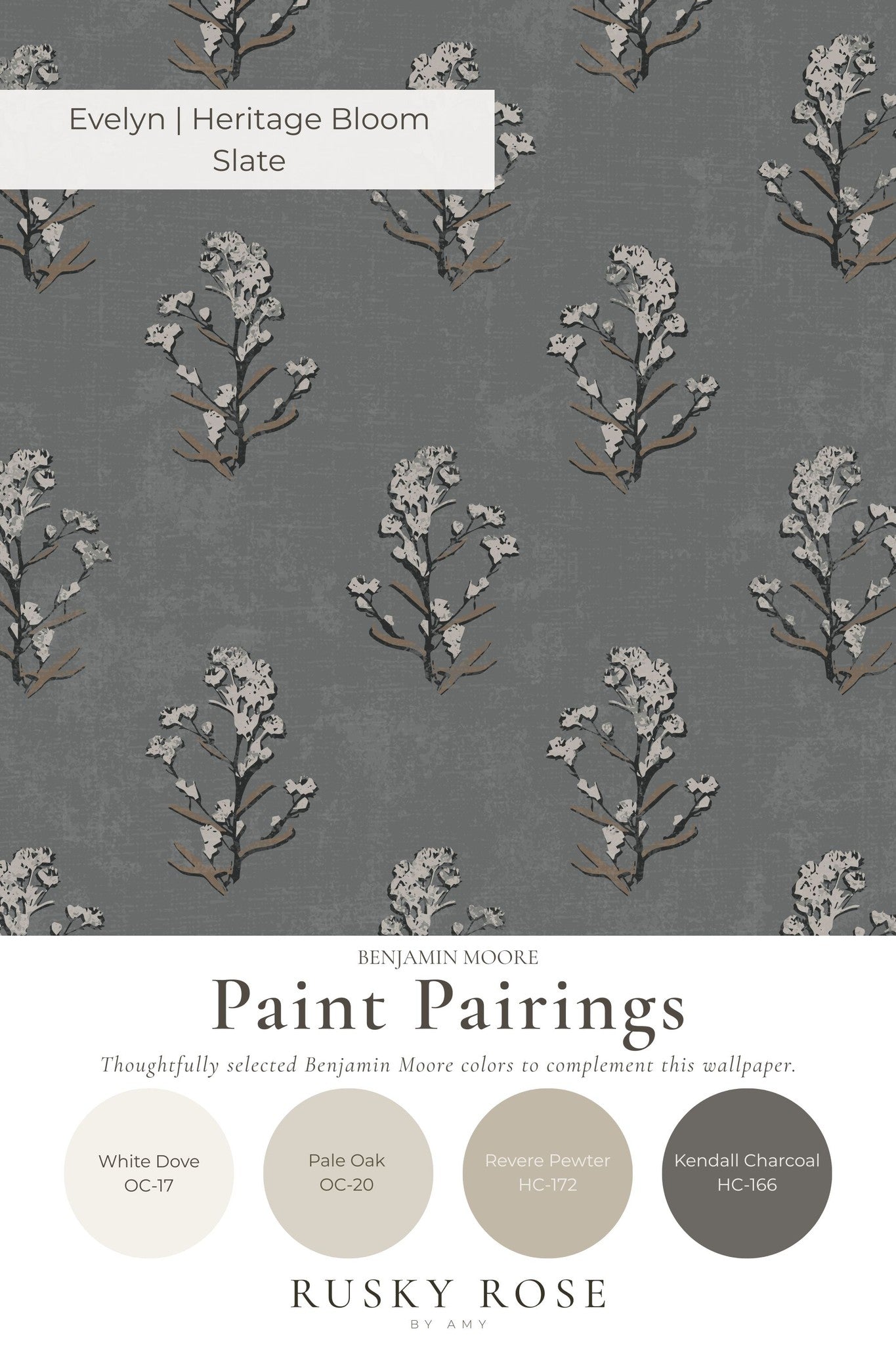 Slate floral wallpaper with white blossoms and paint pairings